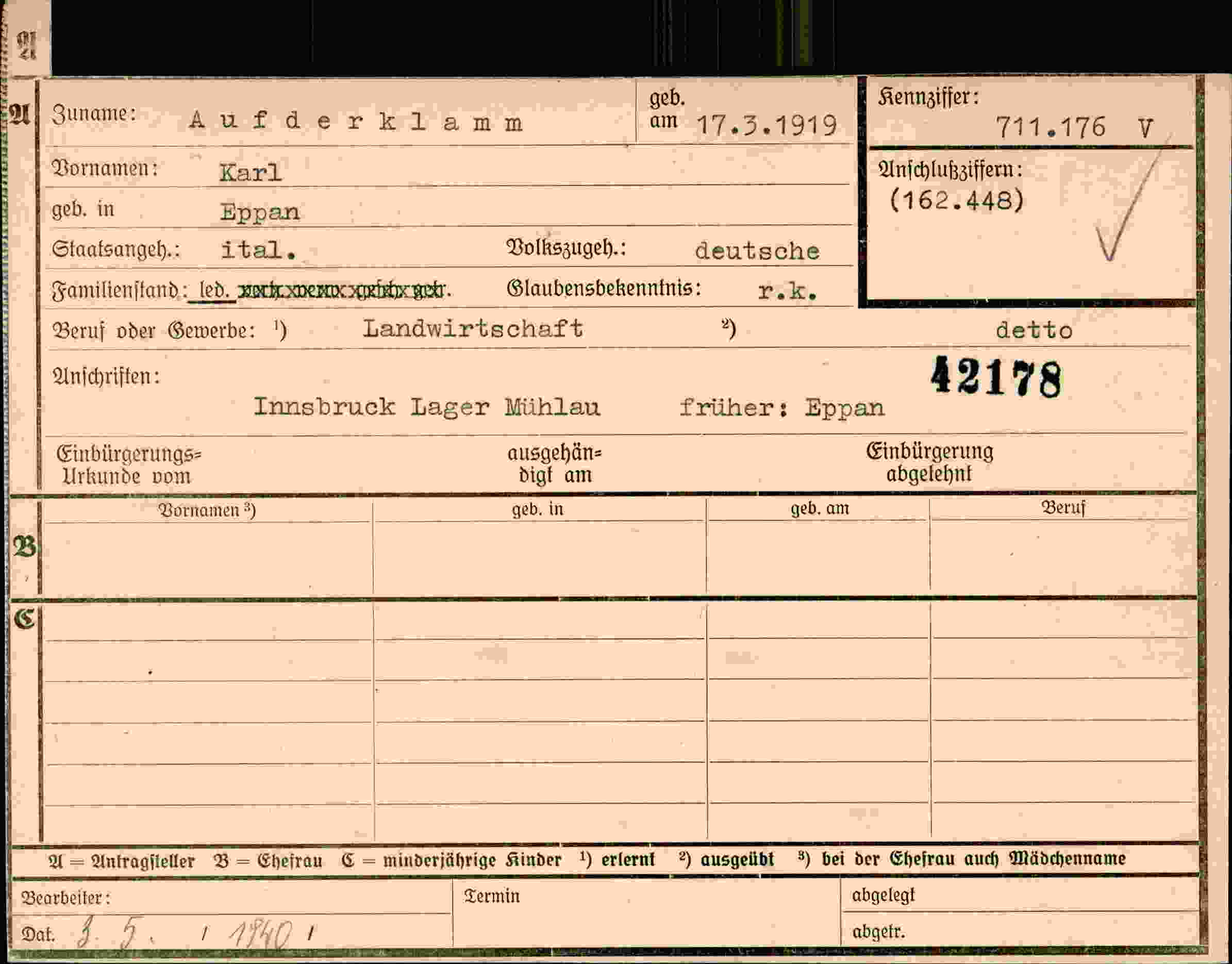Dokument für Karl Aufderklamm