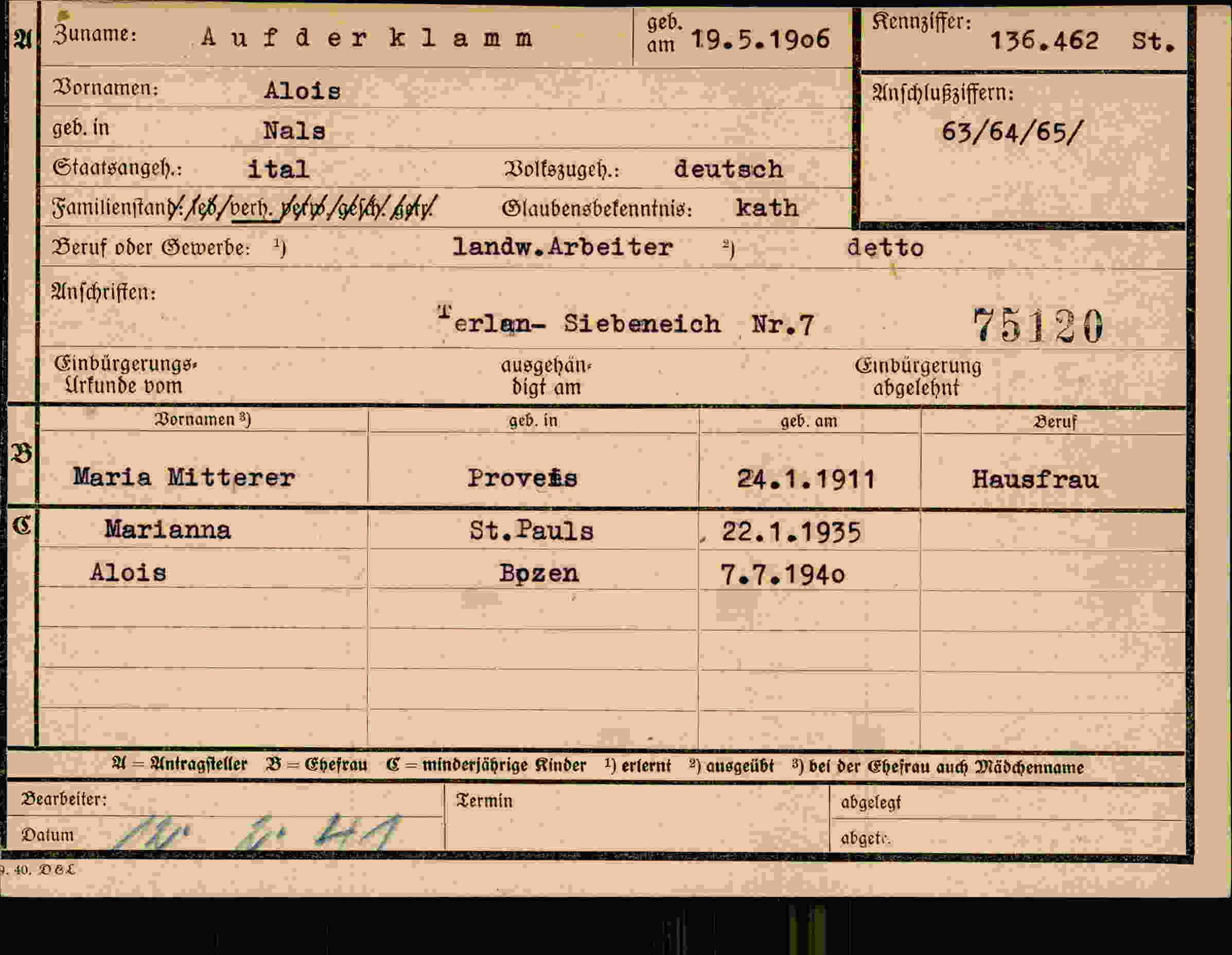 Dokument für Alois Aufderklamm