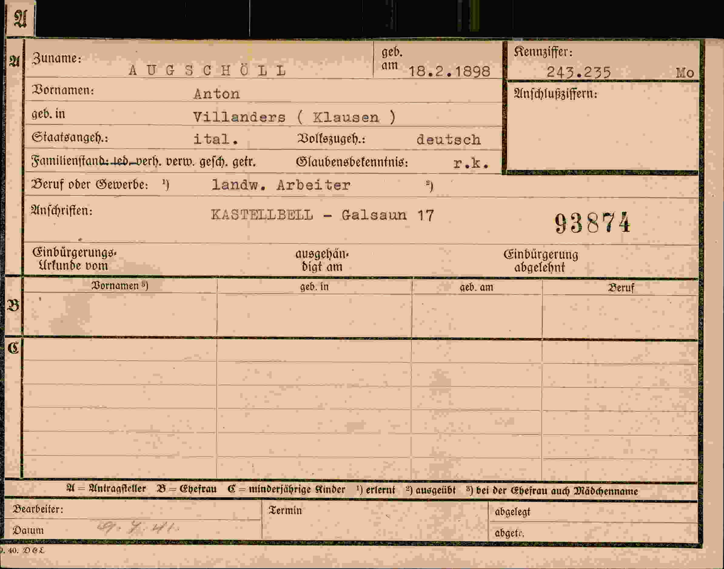Dokument für Anton Augschöll
