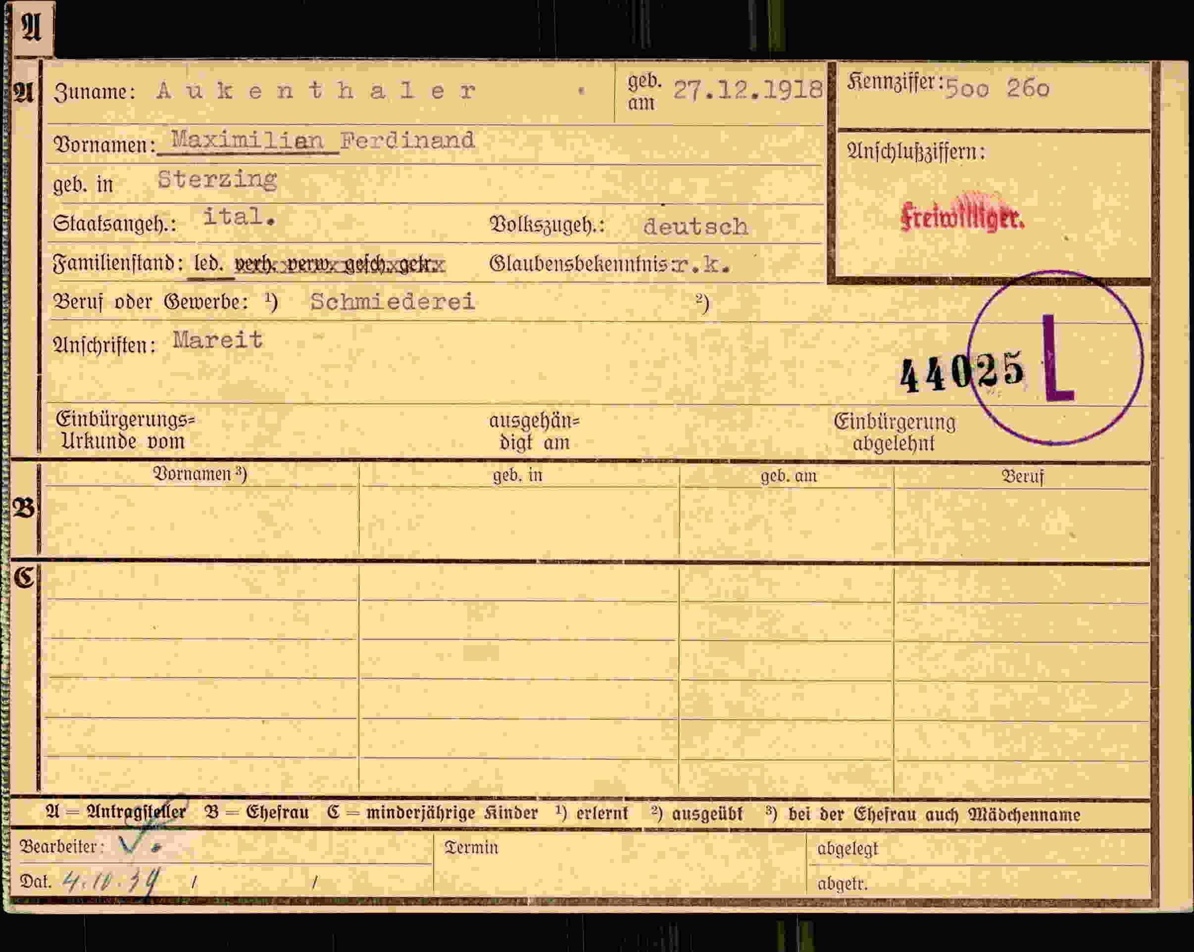 Dokument für Maximilian Ferdinand Aukenthaler