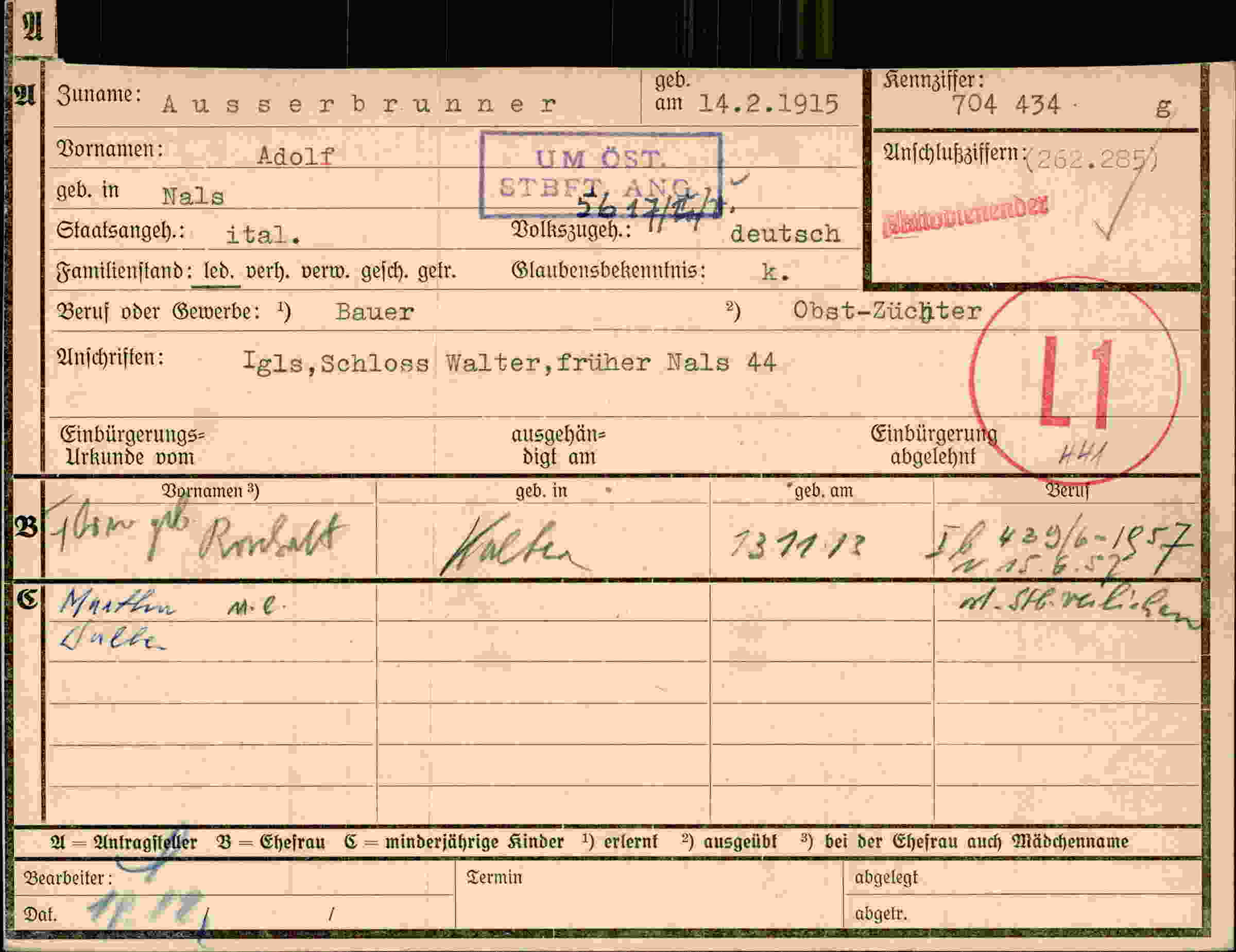 Dokument für Adolf Ausserbrunner