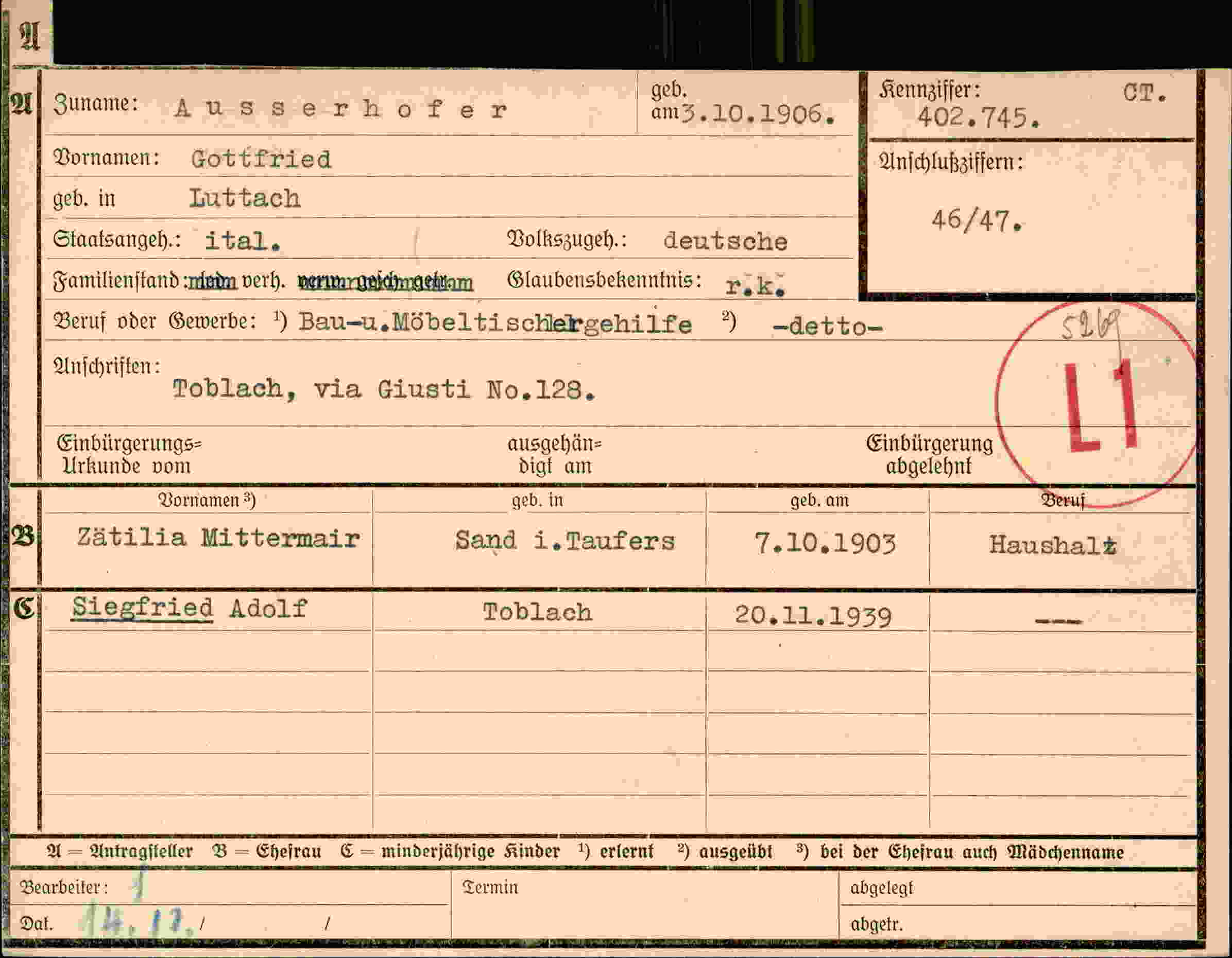 Dokument für Gottfried Ausserhofer