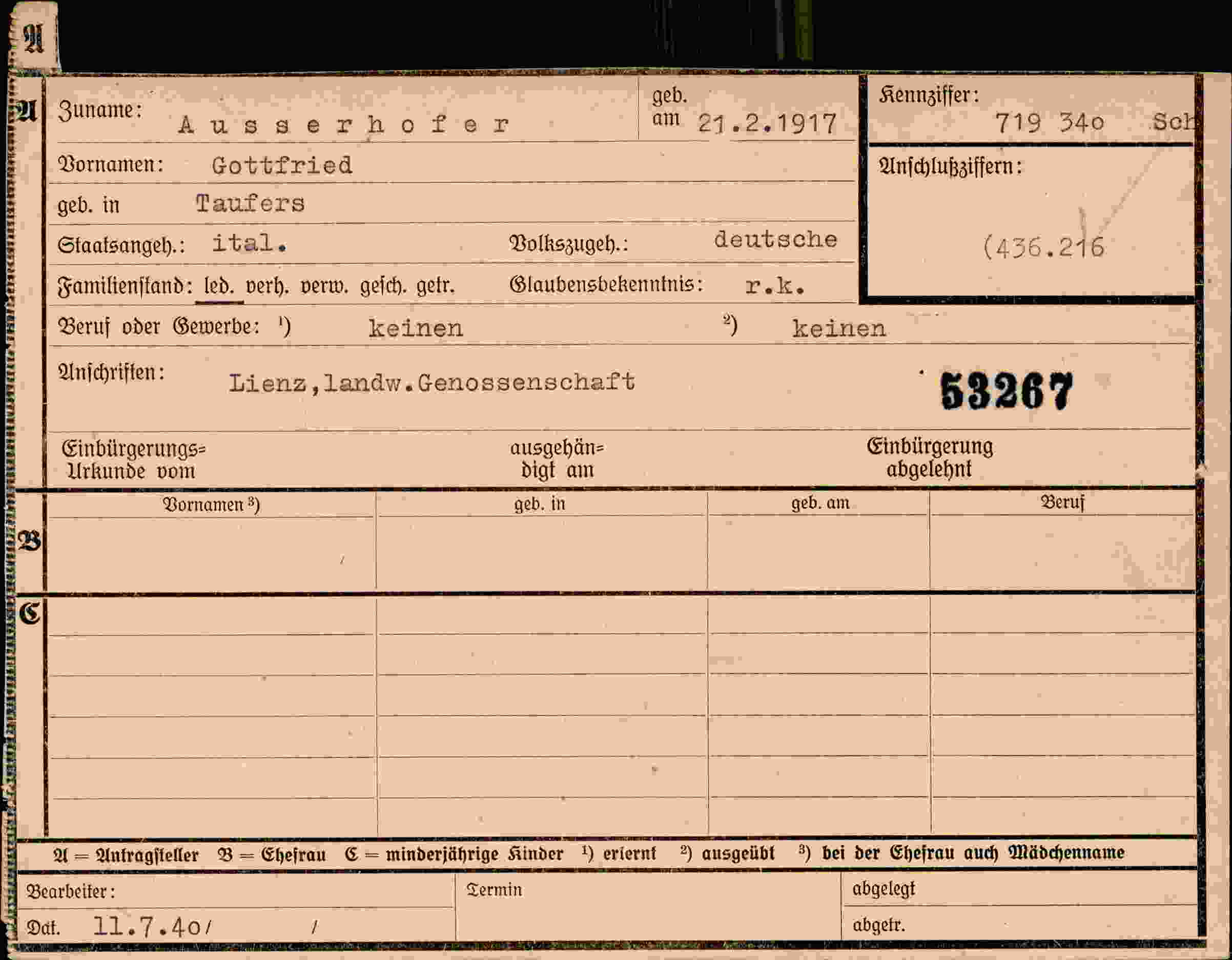 Dokument für Gottfried Ausserhofer