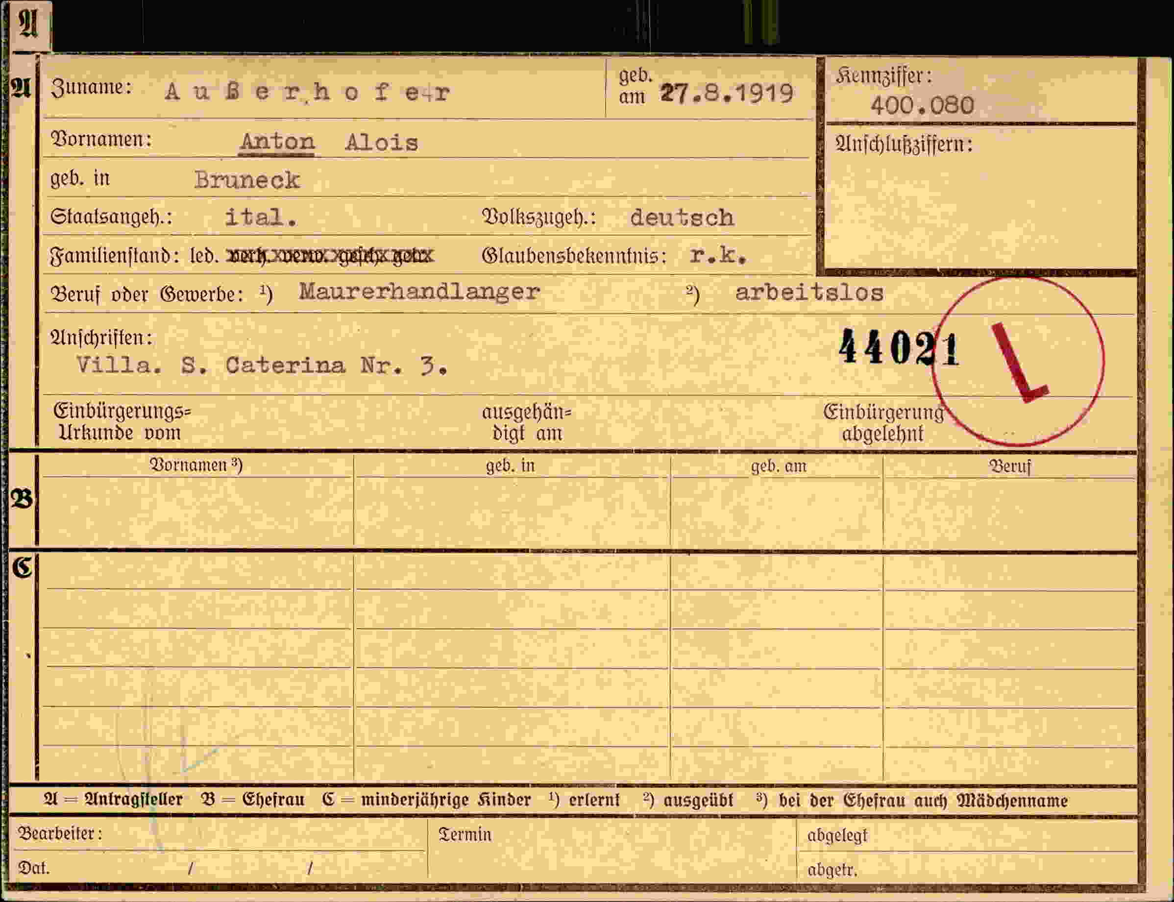 Dokument für Anton Alois Außerhofer
