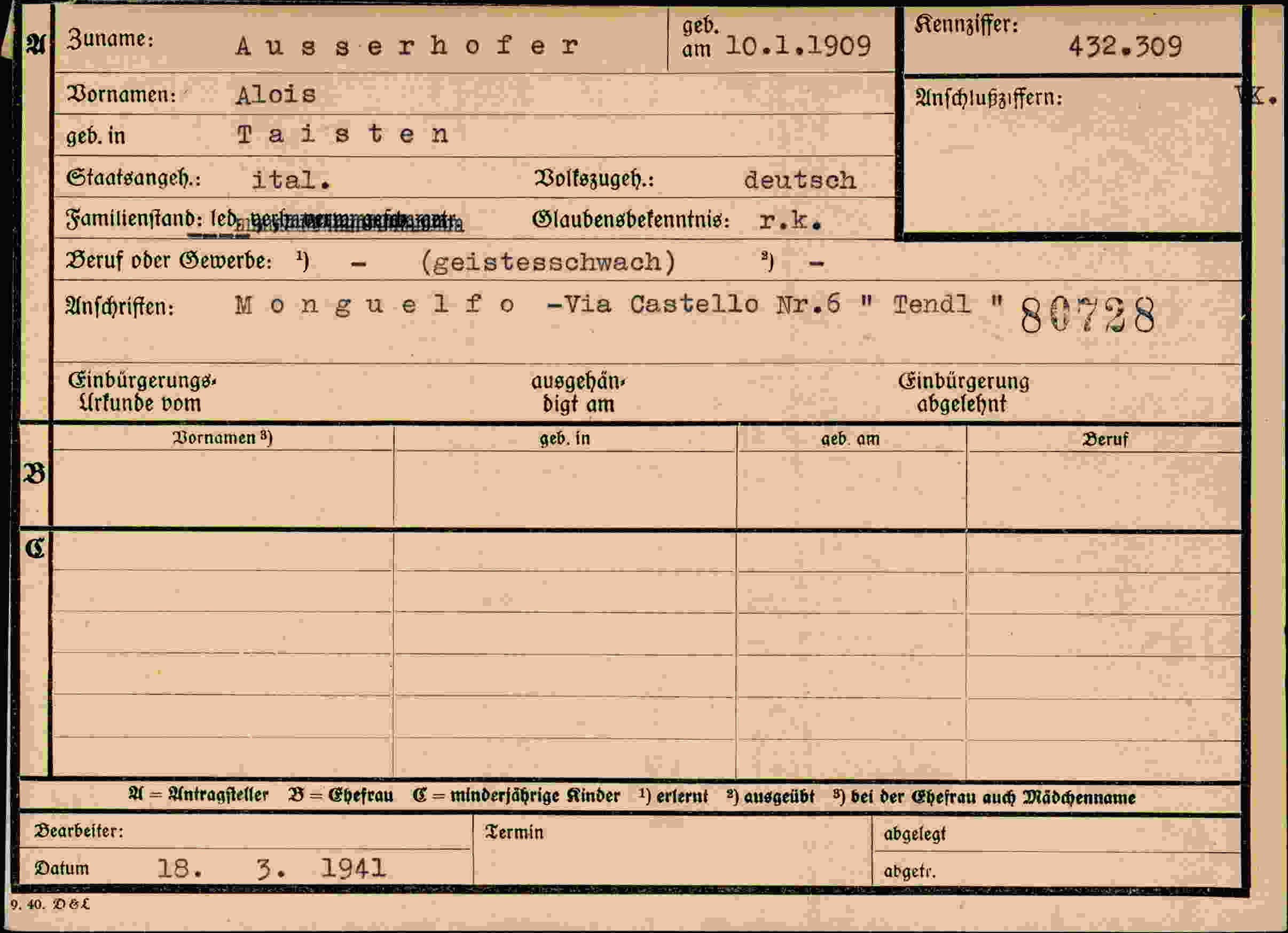 Dokument für Alois Ausserhofer