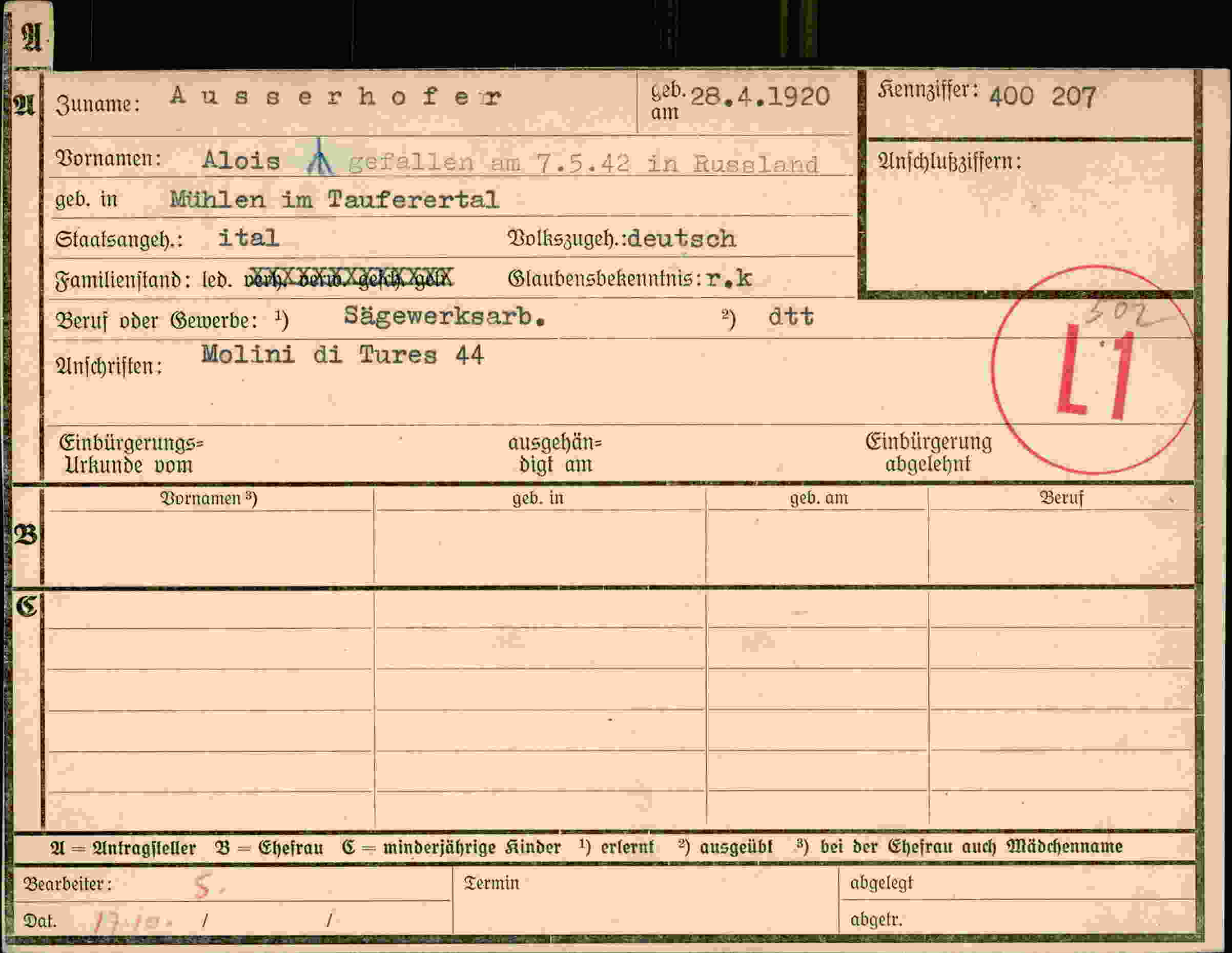 Dokument für Alois Ausserhofer