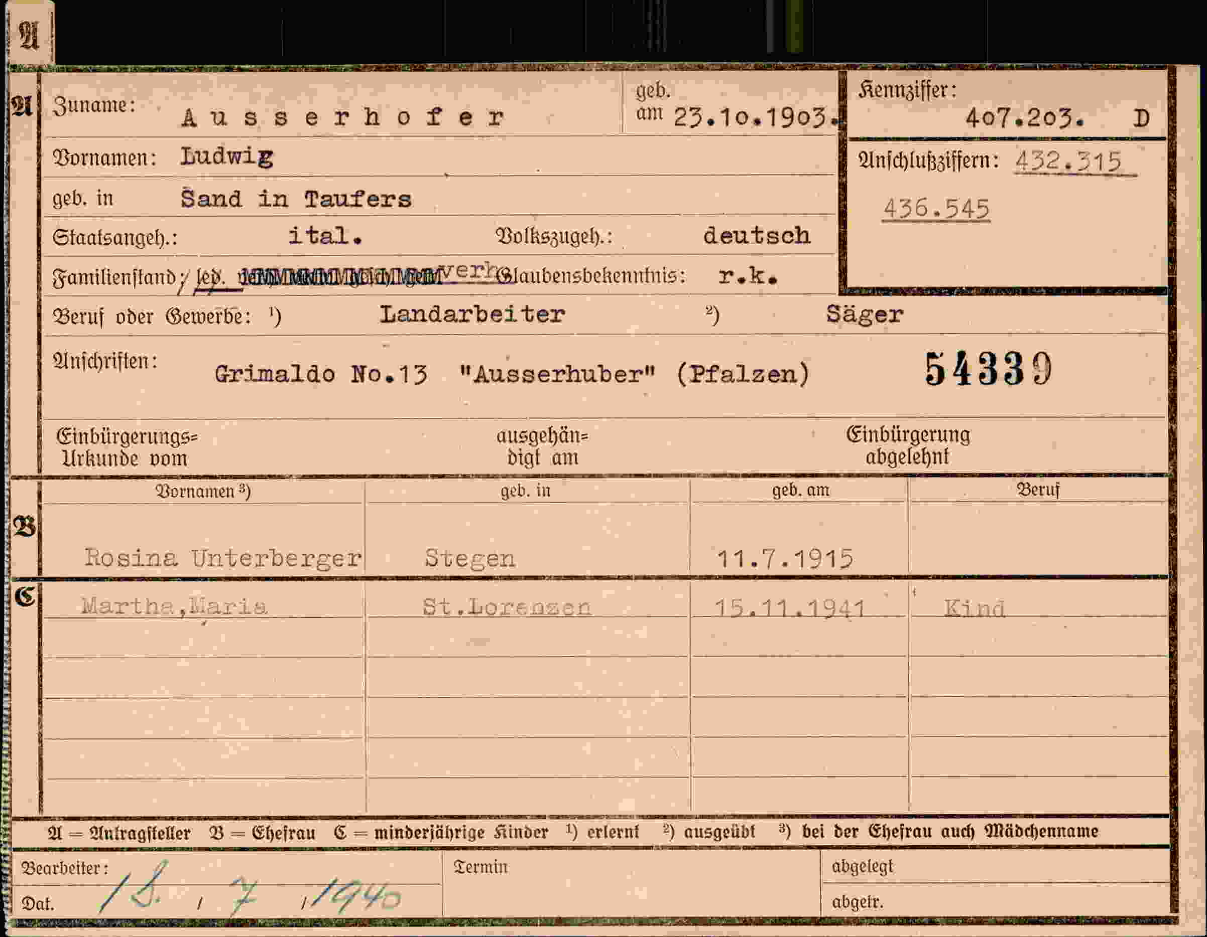 Dokument für Ludwig Ausserhofer