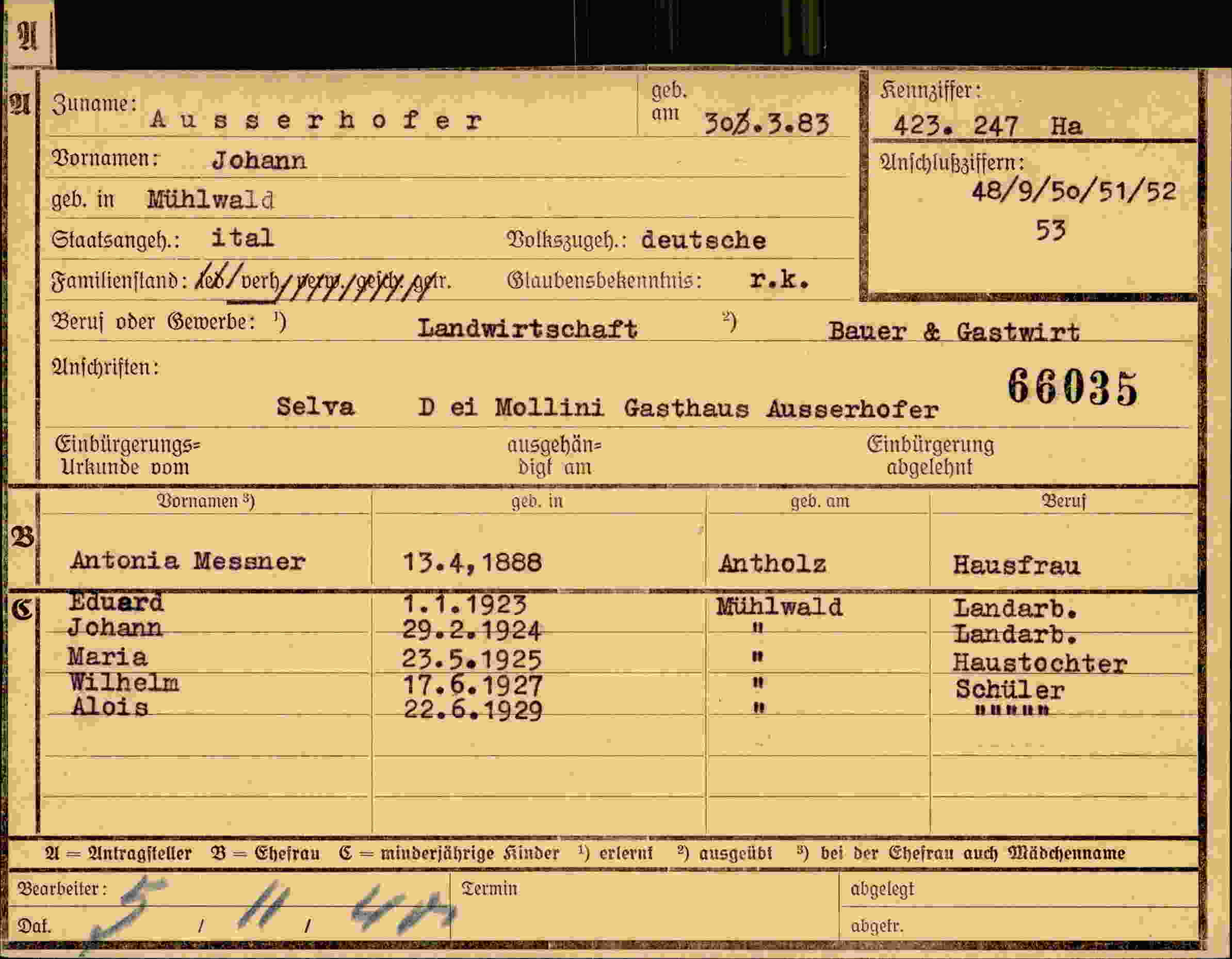Dokument für Johann Ausserhofer