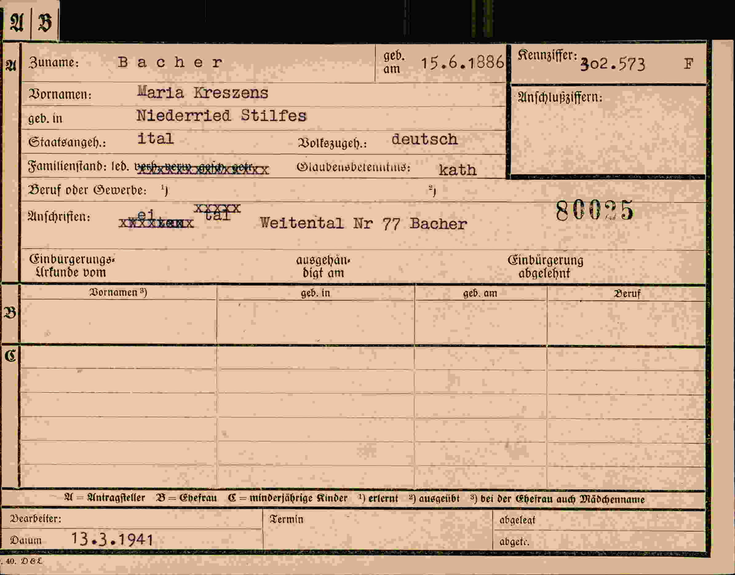 Dokument für Maria Kreszens Bacher