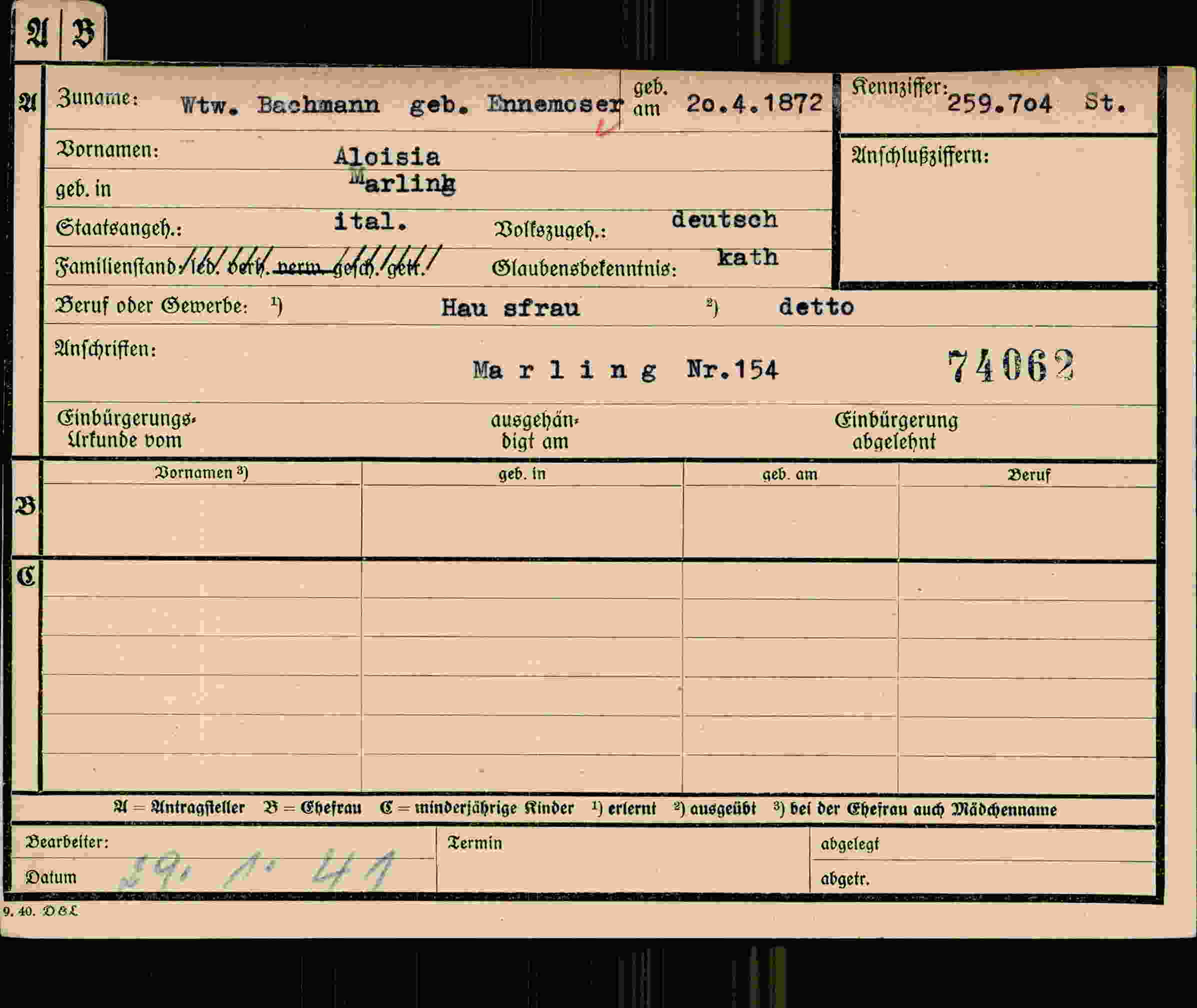 Dokument für Aloisia Bachmann