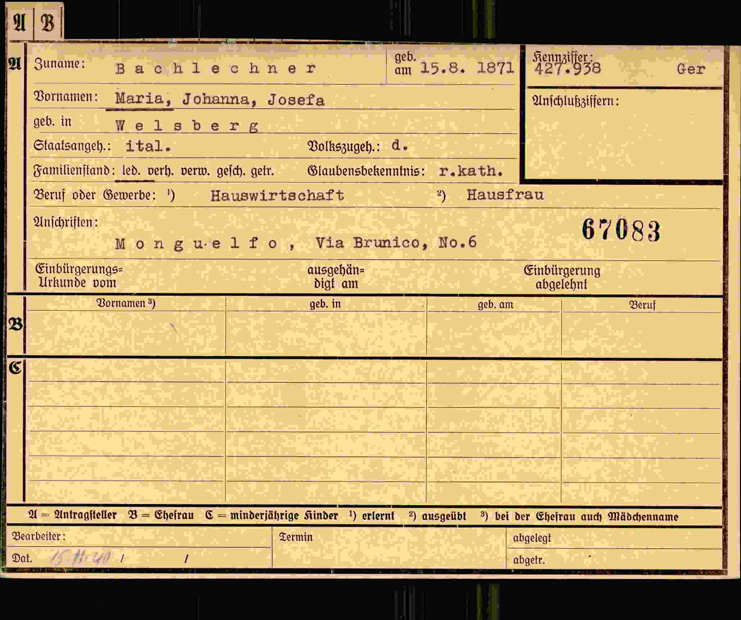 Dokument für Maria Johanna Josefa Bachlechner