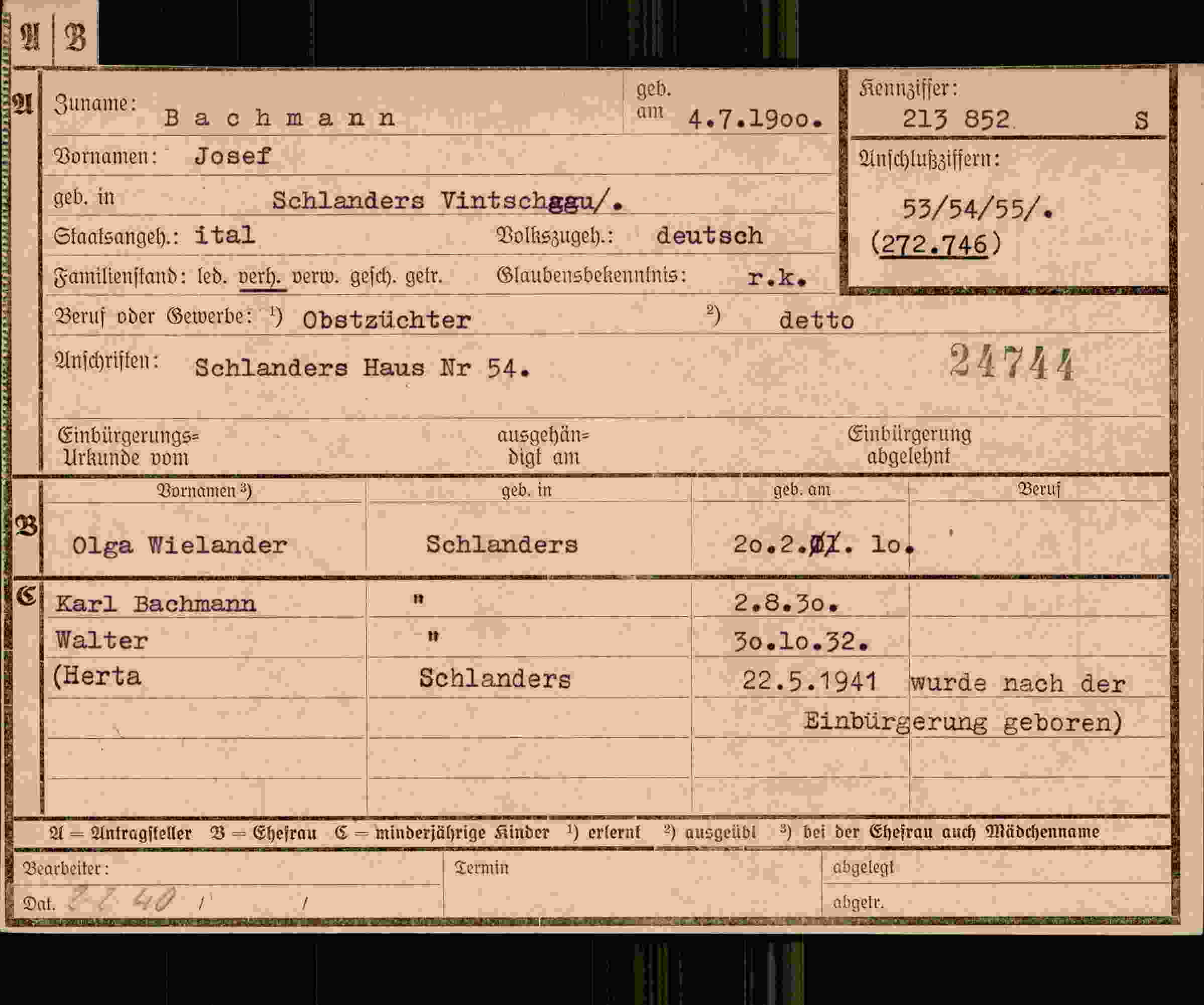 Dokument für Josef Bachmann