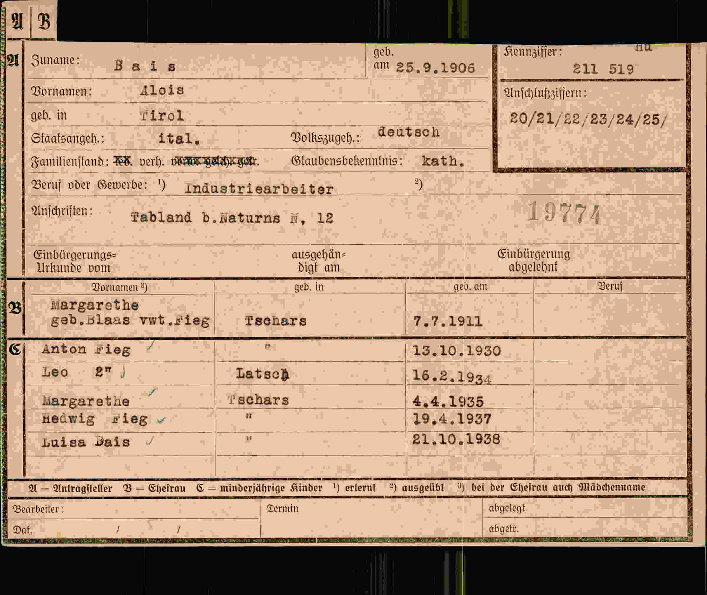 Dokument für Alois Bais