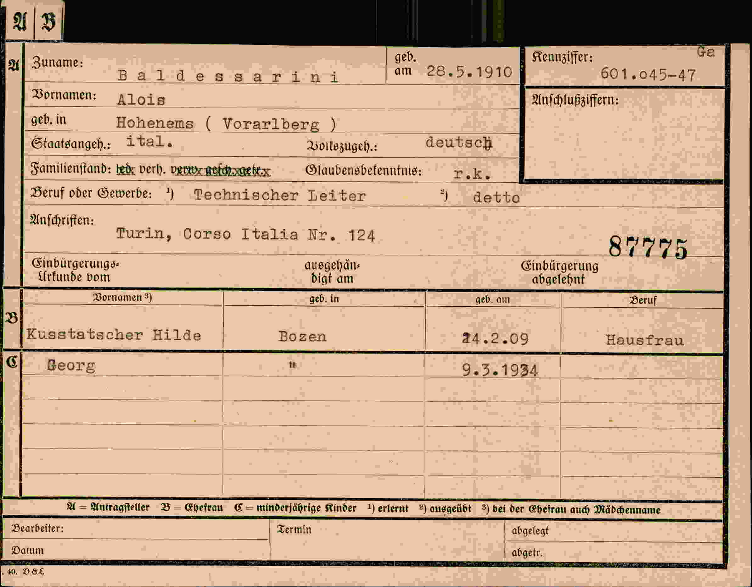 Dokument für Alois Baldessarini
