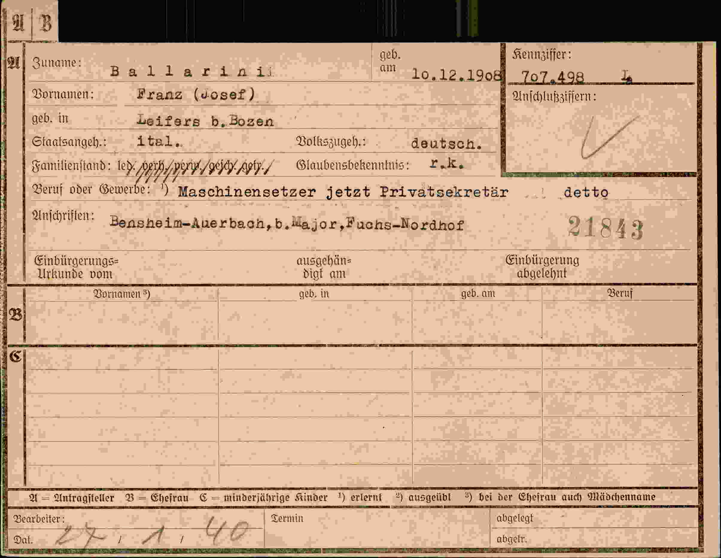 Dokument für Franz Josef Ballarini