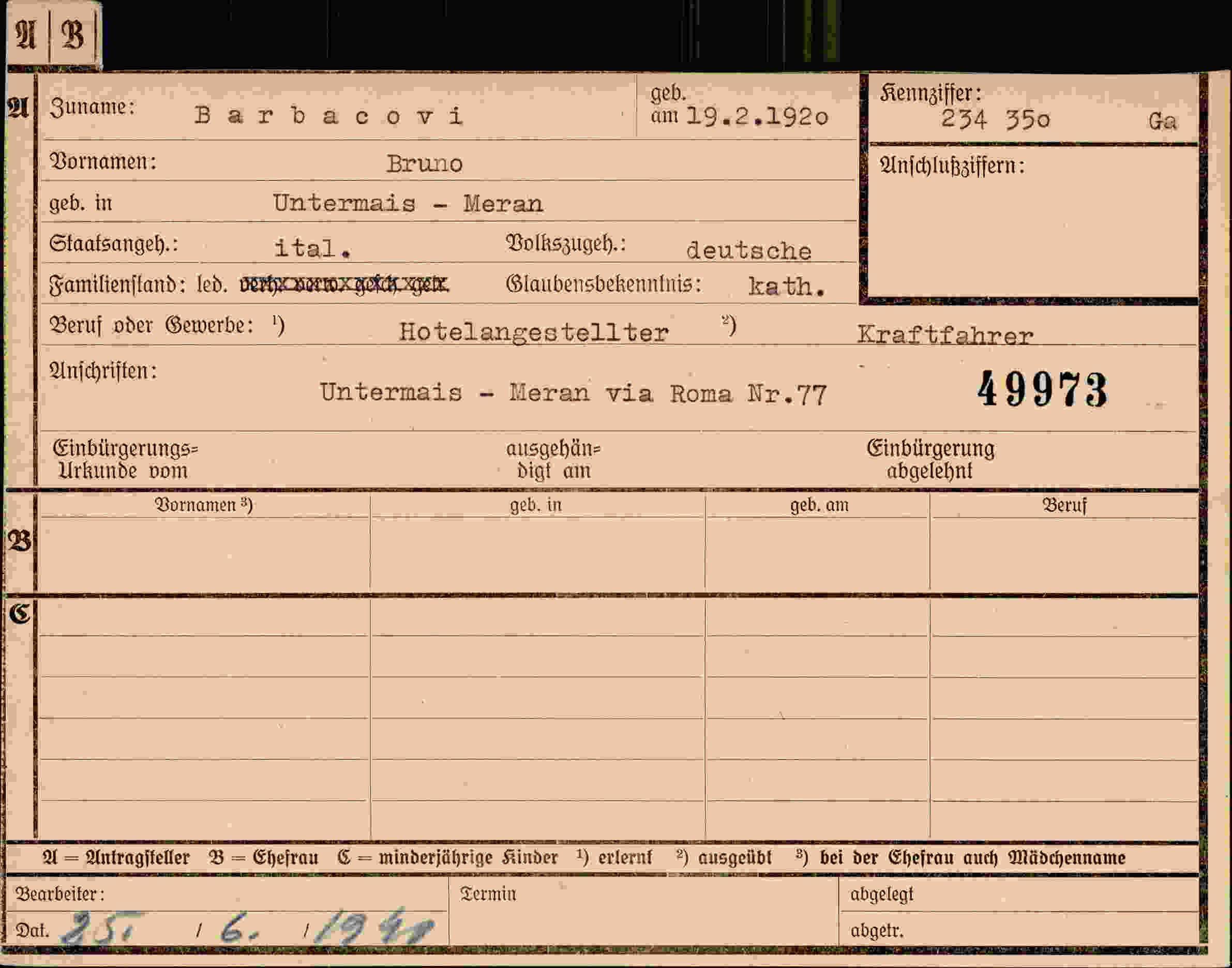Dokument für Bruno Barbacovi