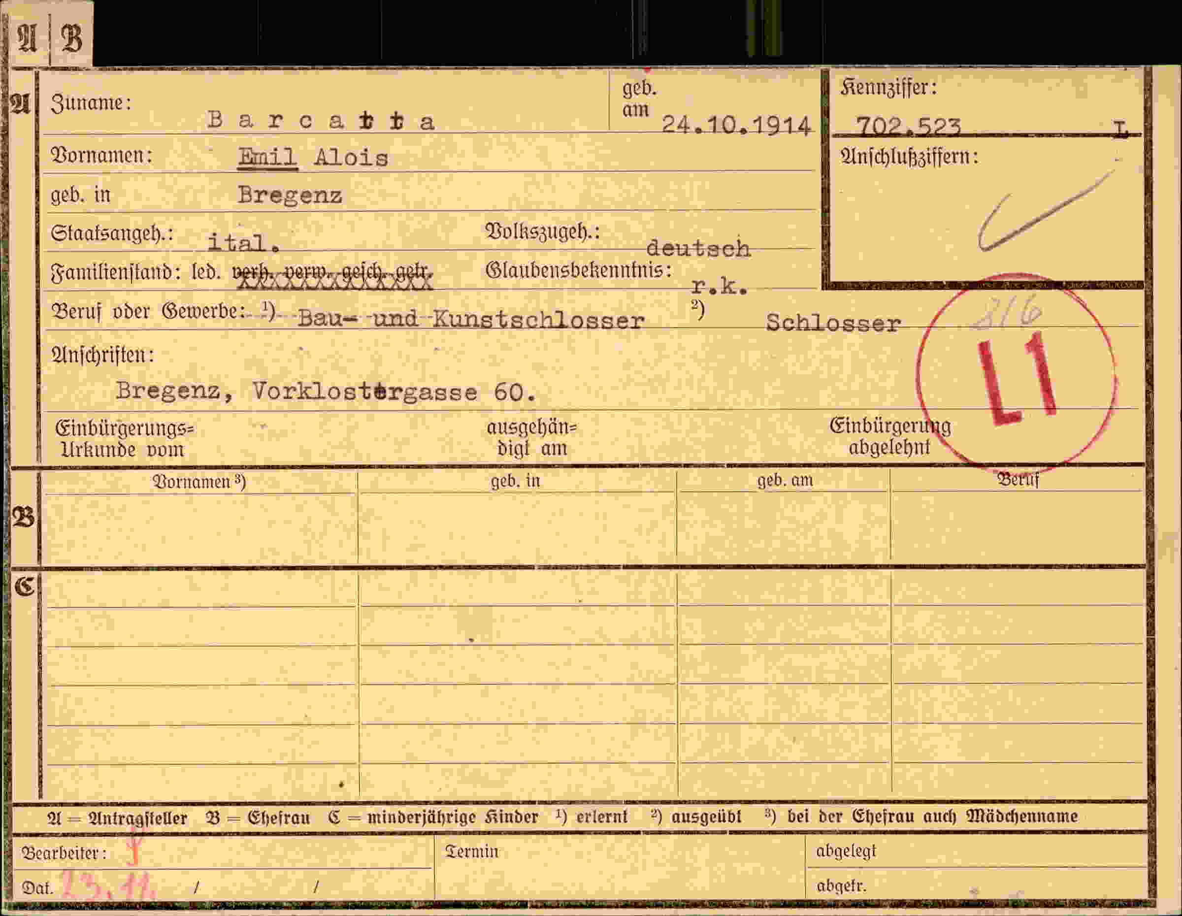 Dokument für Emil Alois Barcatta