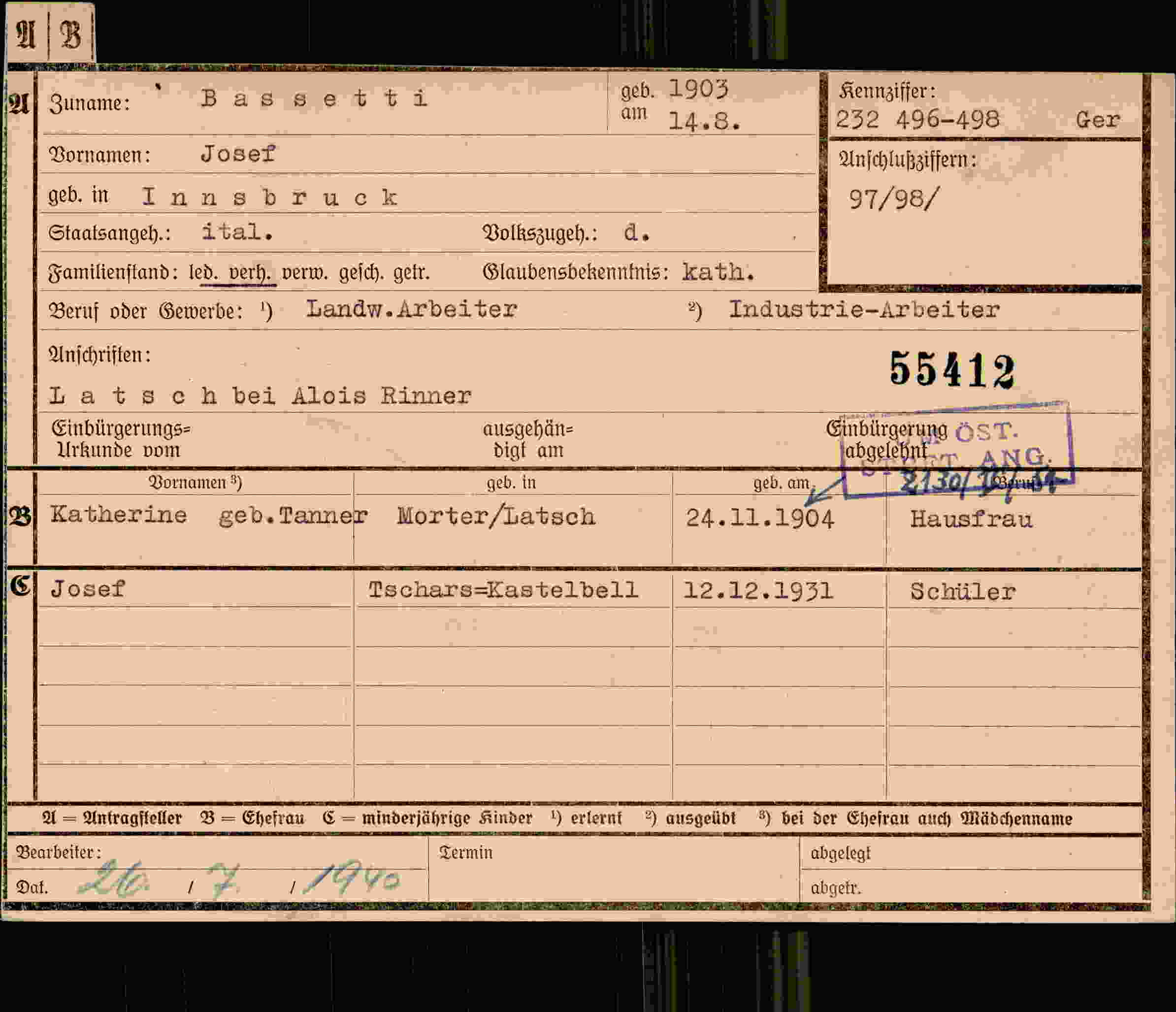 Dokument für Josef Bassetti