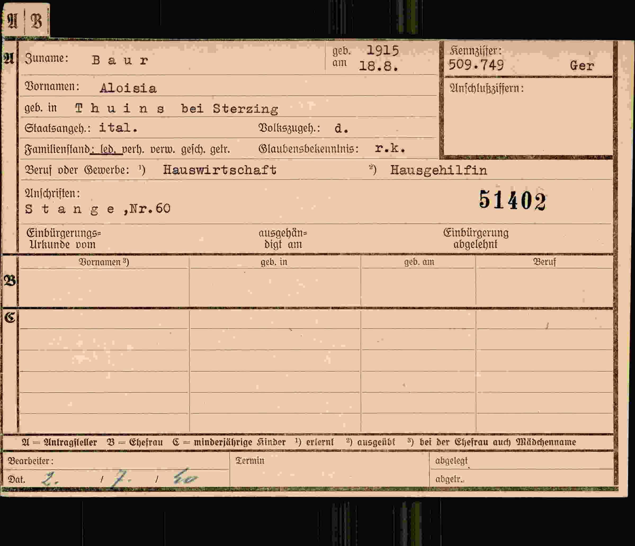 Dokument für Aloisia Baur