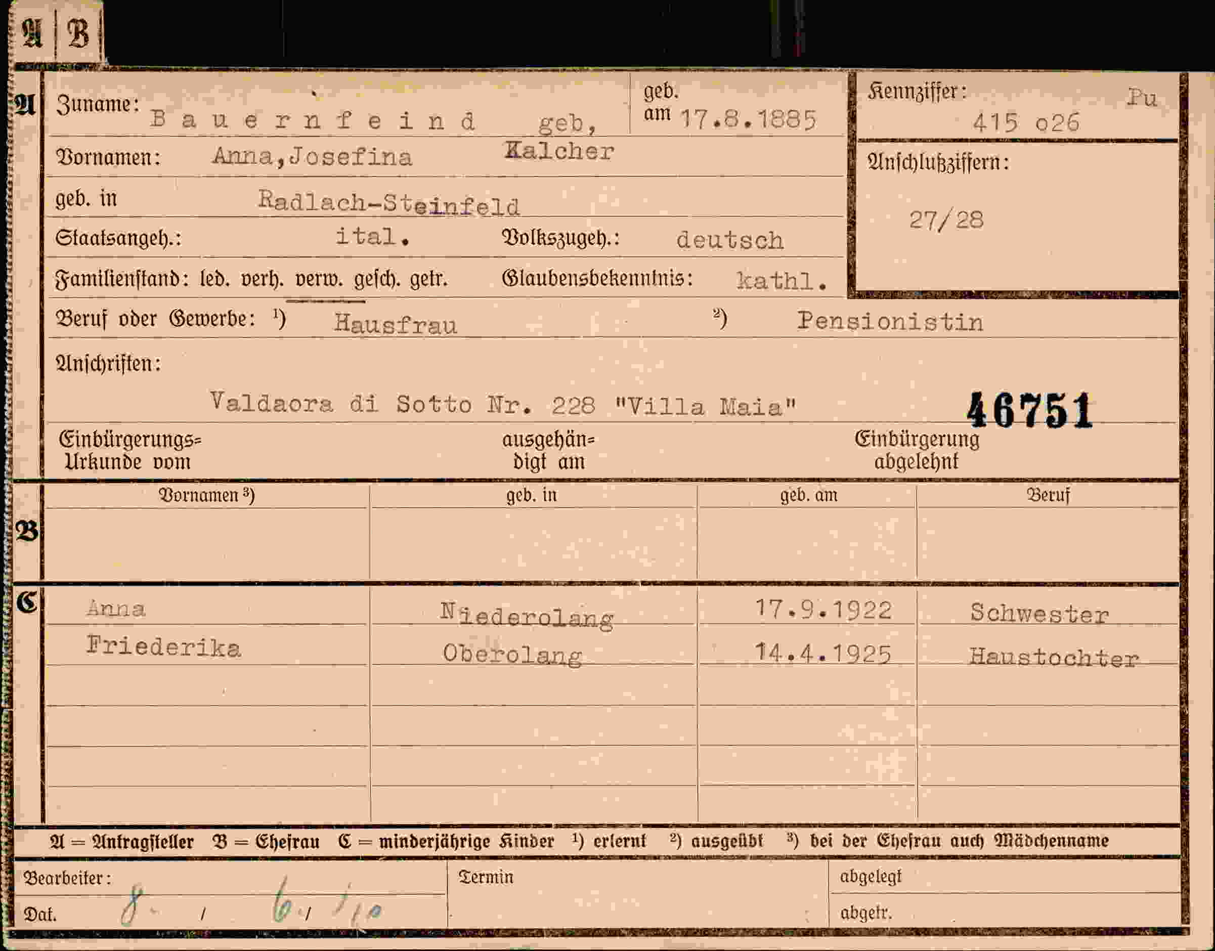 Dokument für Anna Josefina Bauernfeind