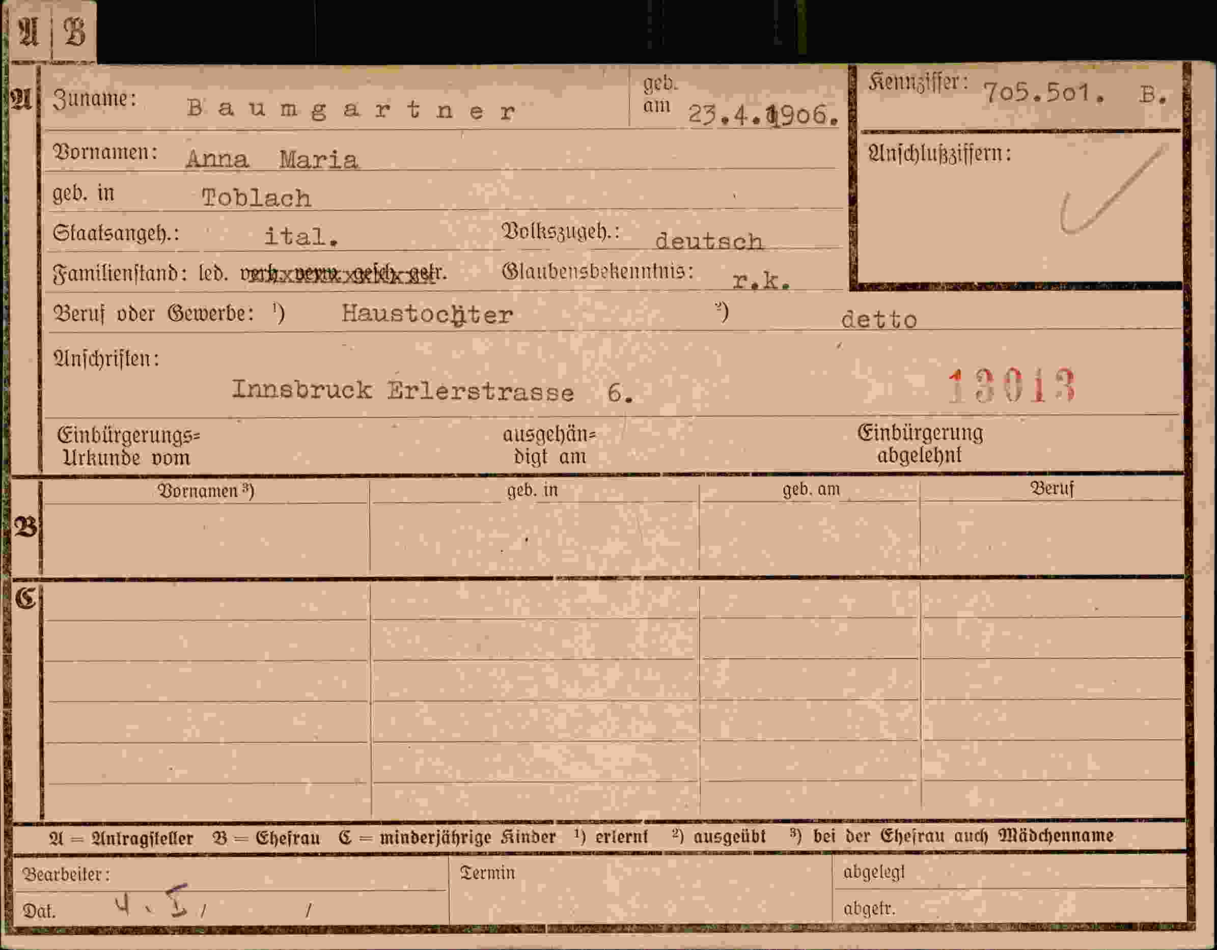 Dokument für Anna Maria Baumgartner
