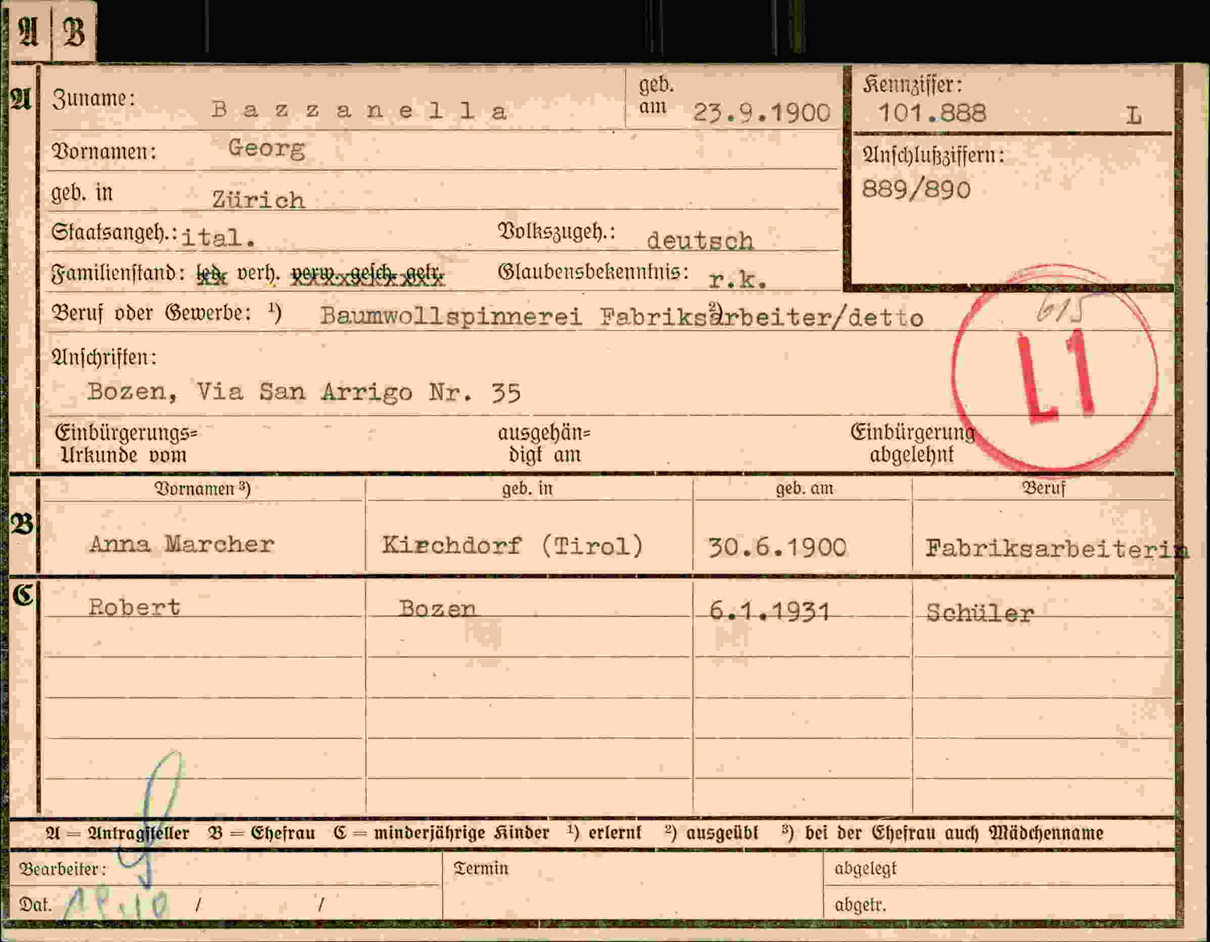 Dokument für Georg Bazzanella