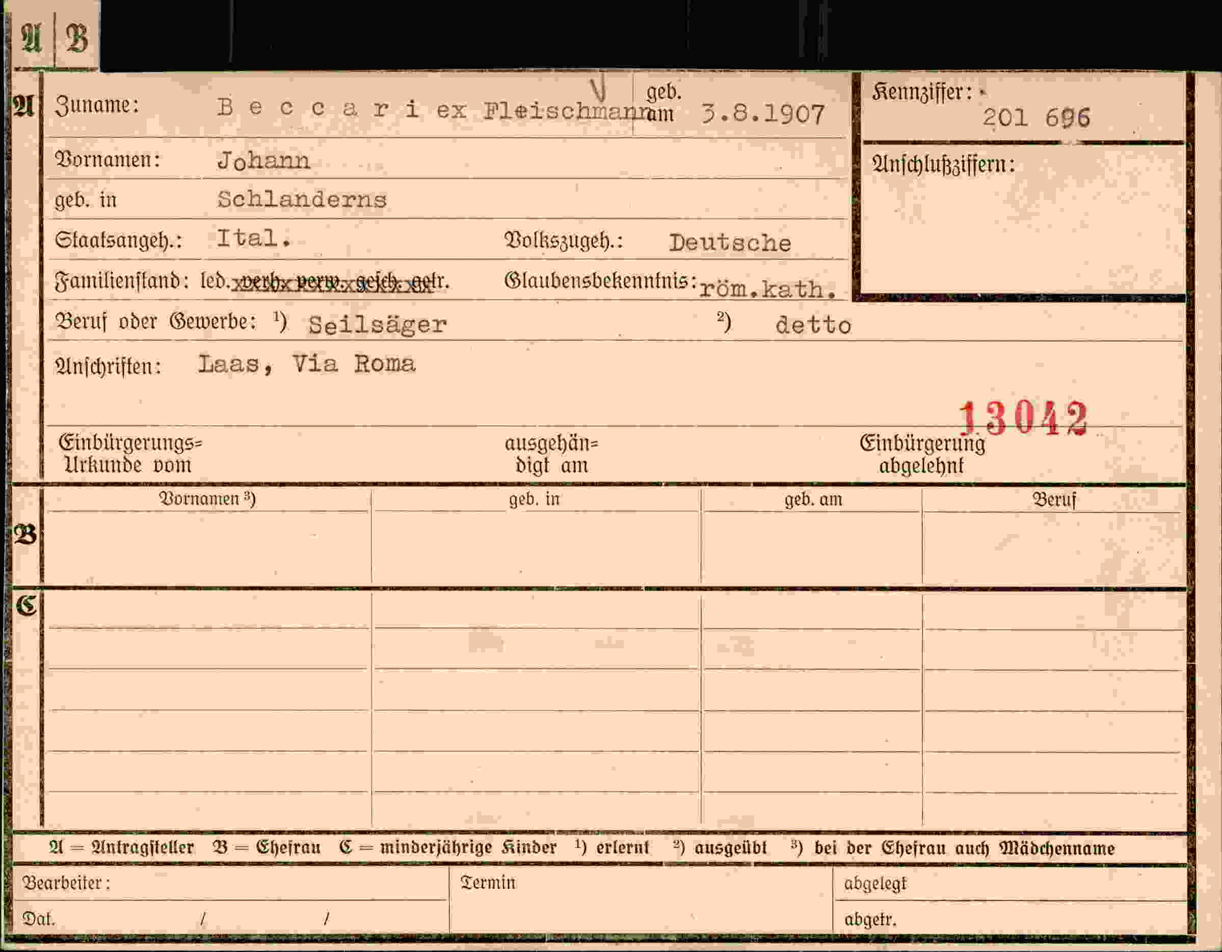Dokument für Johann Beccari ex Fleischmar