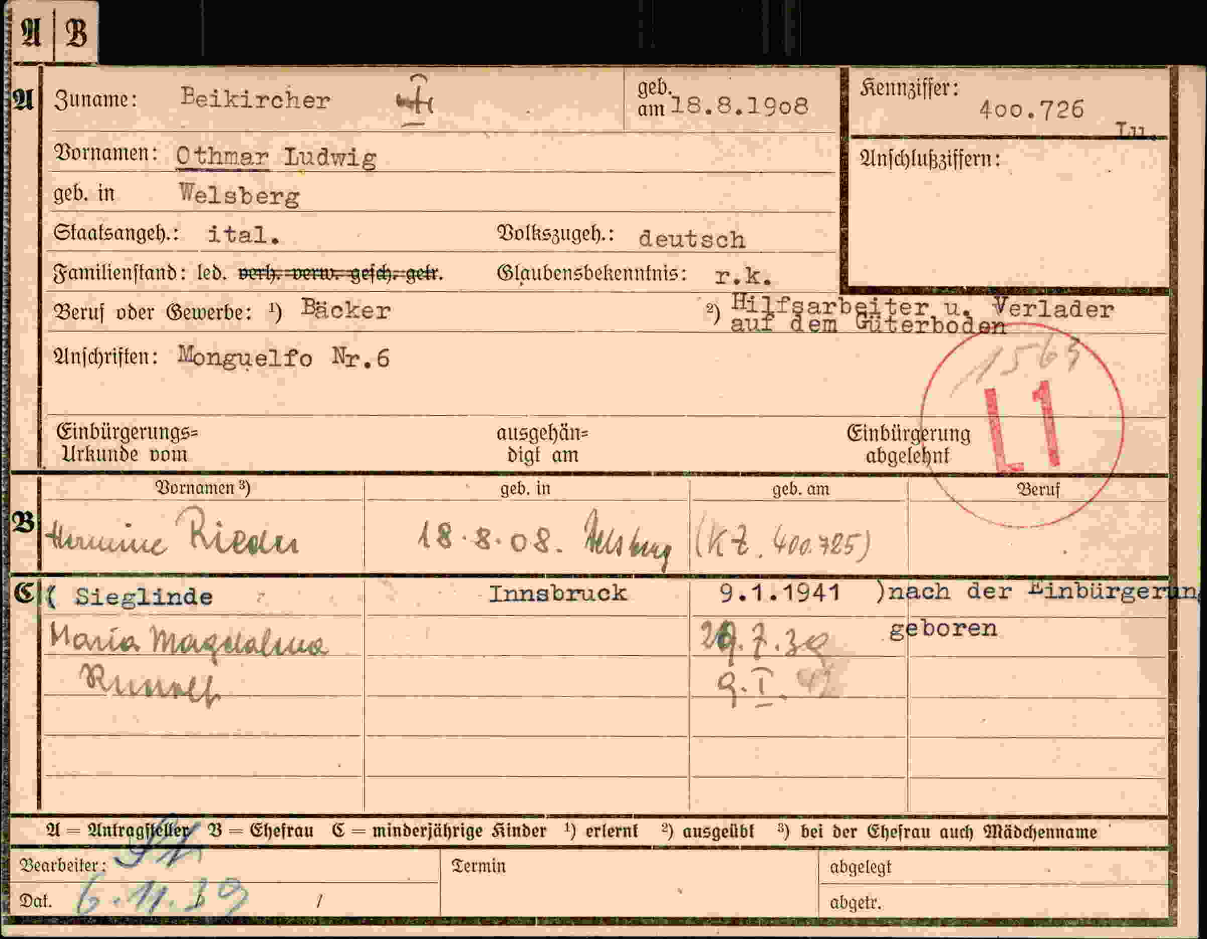 Dokument für Othmar Ludwig Beikircher