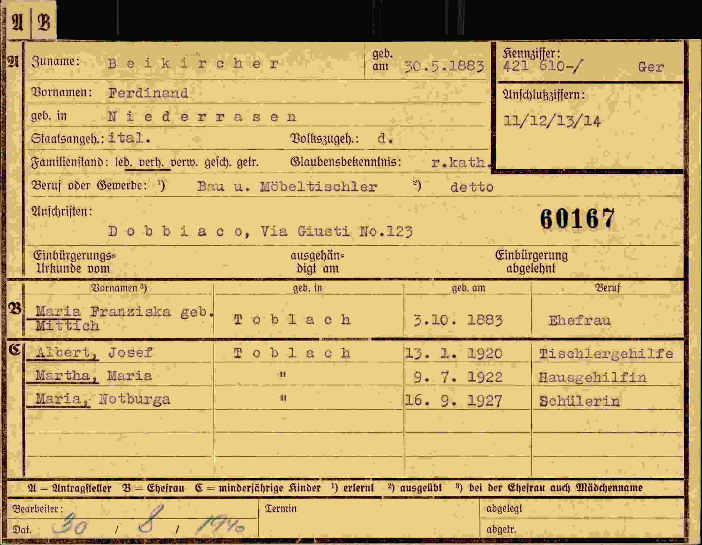 Dokument für Ferdinand Beikircher