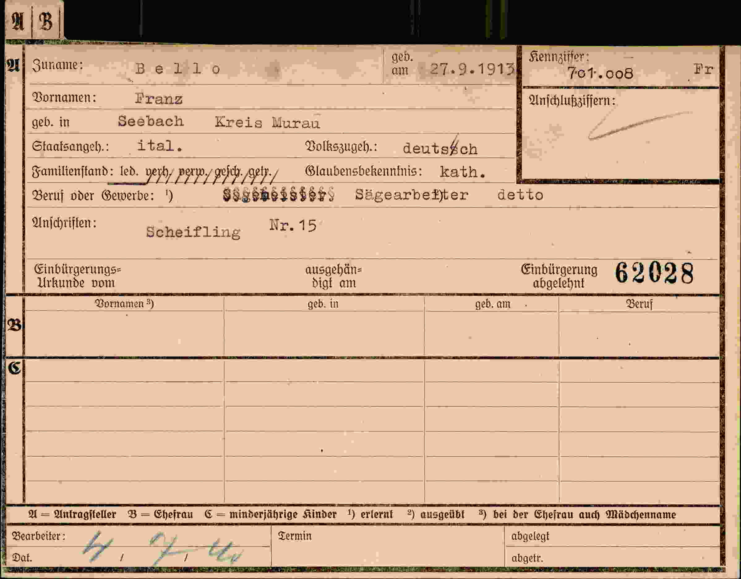Dokument für Franz Bello