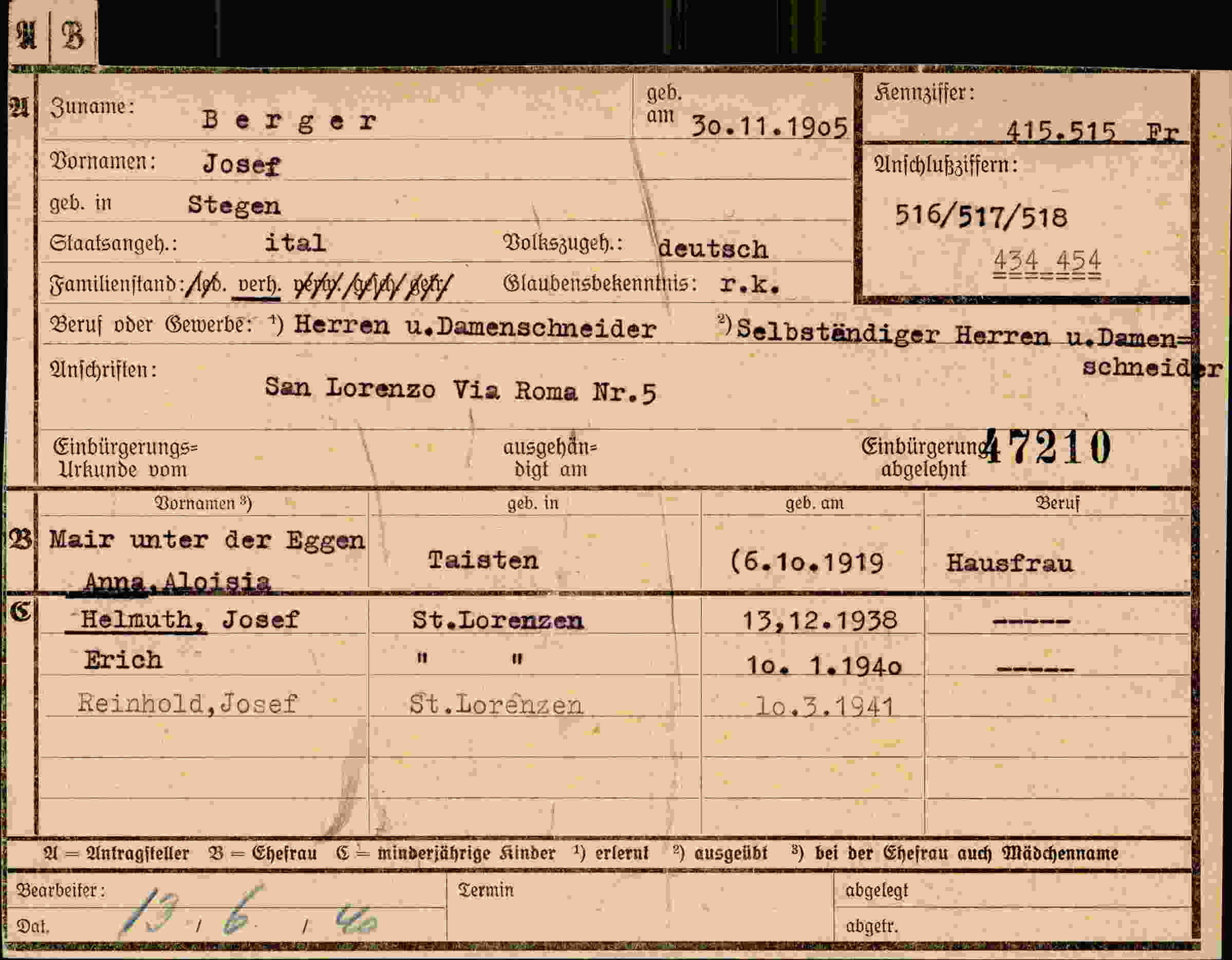Dokument für Josef Berger