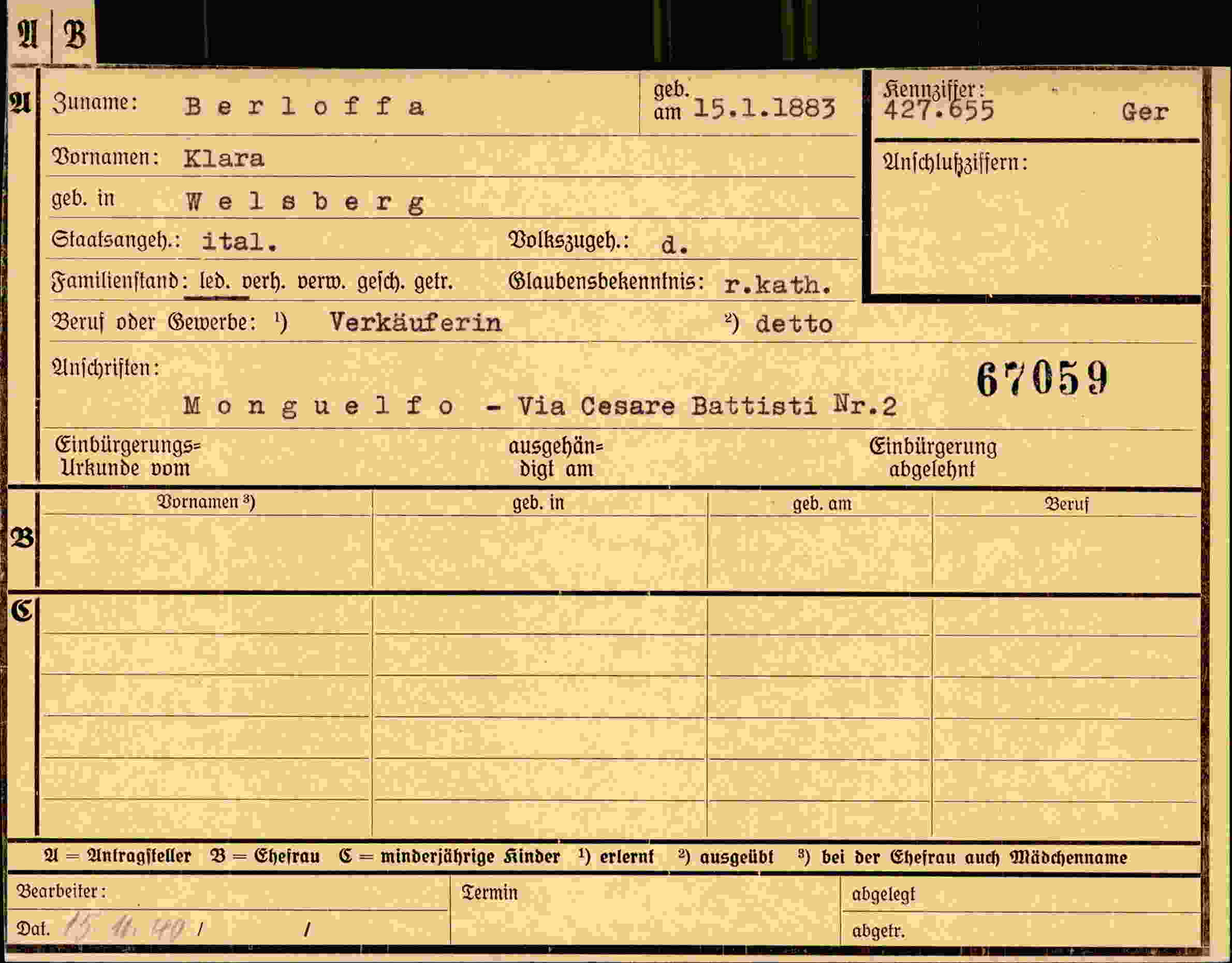 Dokument für Klara Berloffa