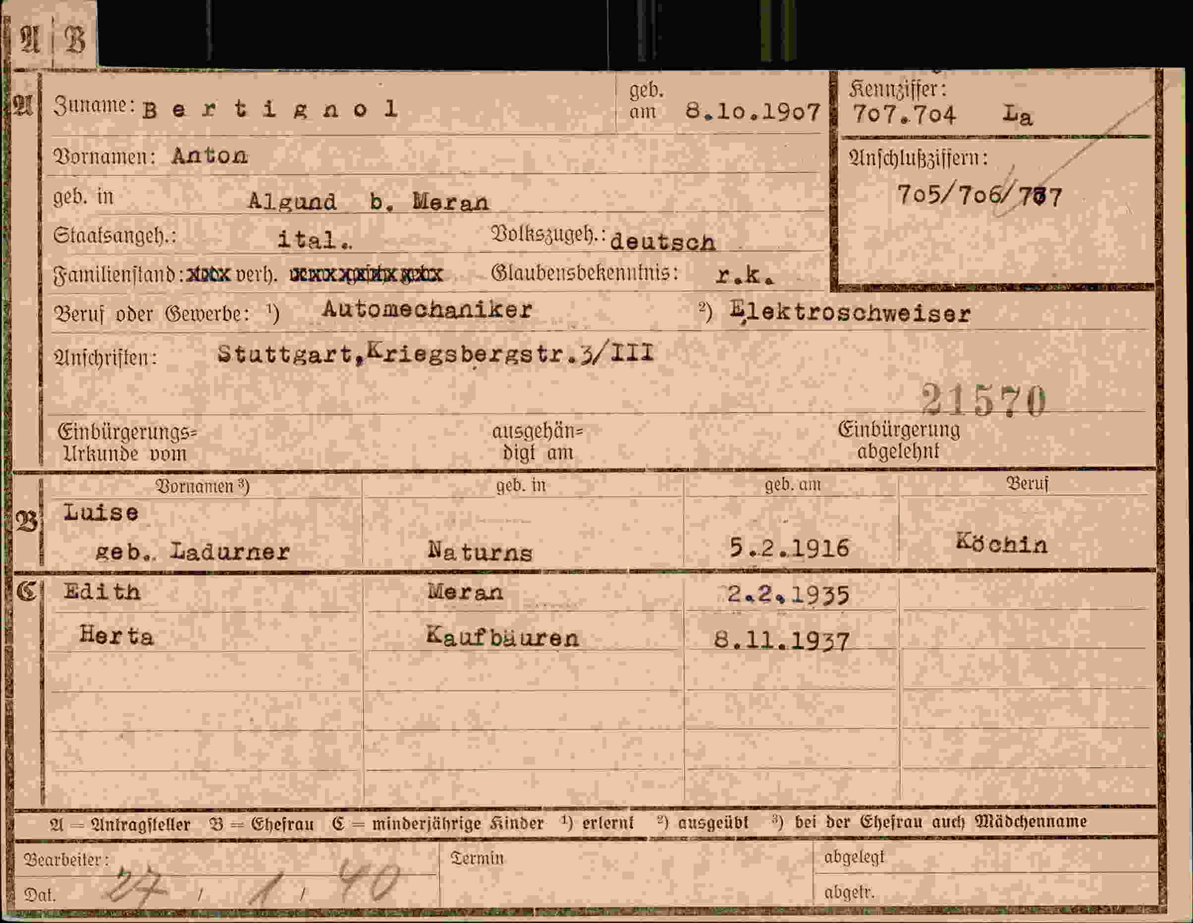 Dokument für Anton Bertignol