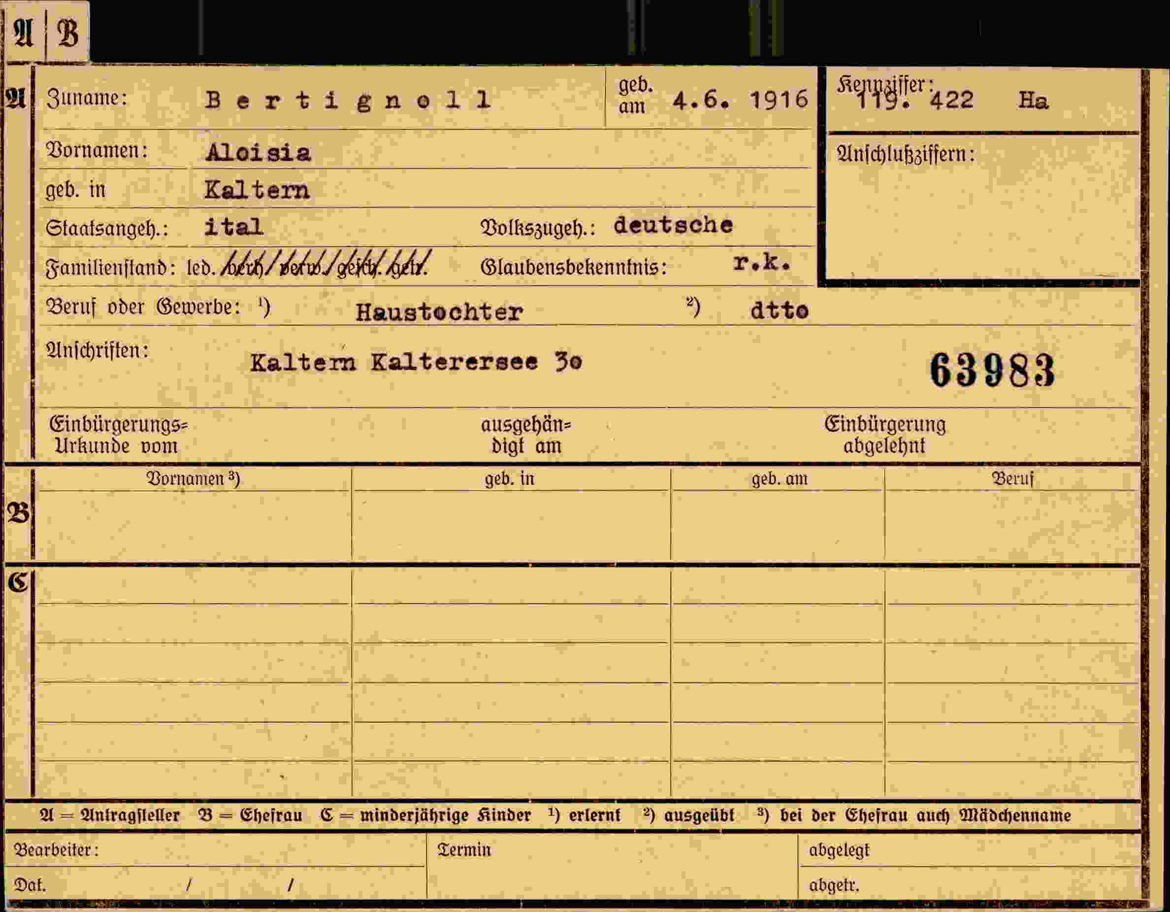 Dokument für Aloisia Bertignoll