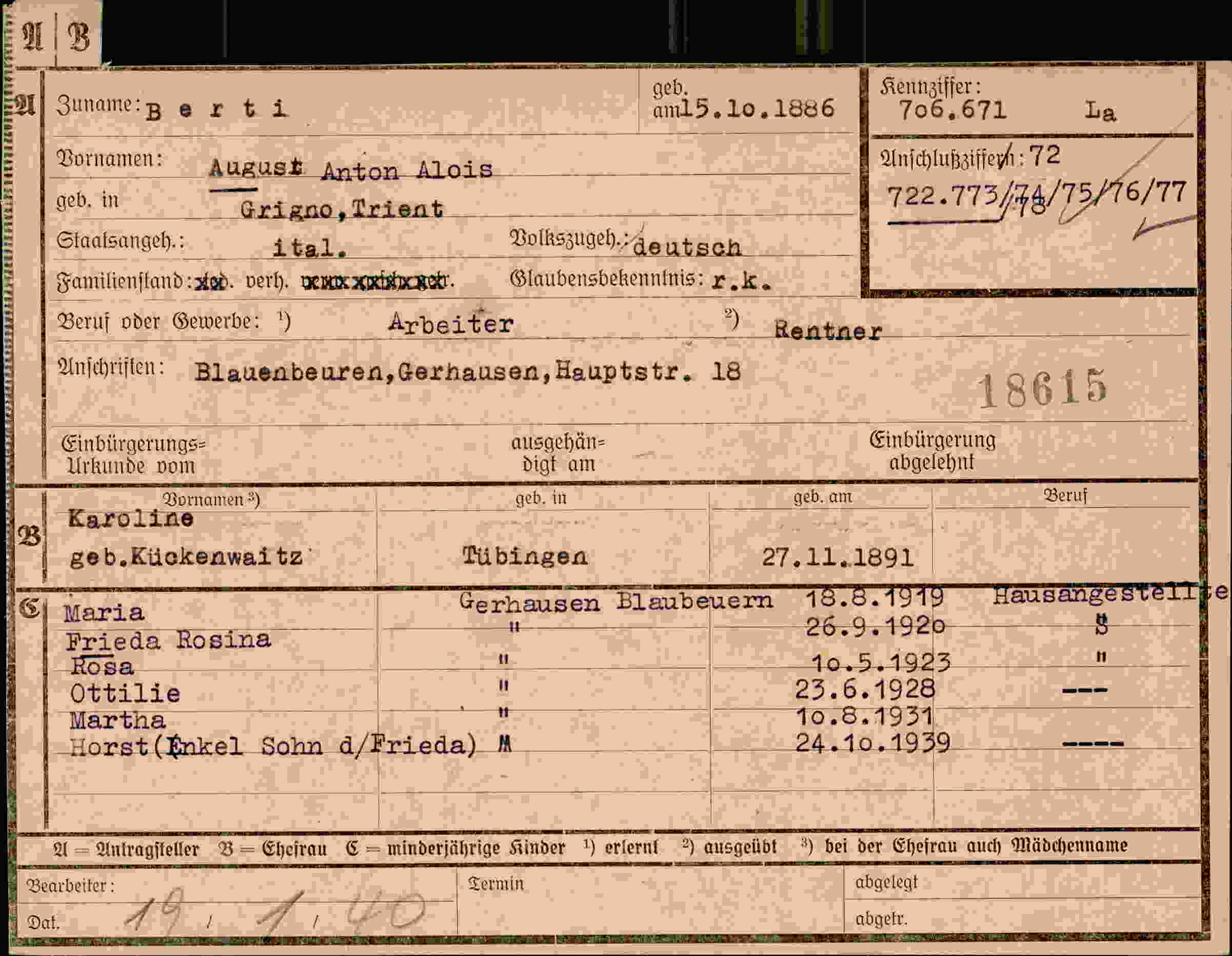 Dokument für August Anton Alois Berti
