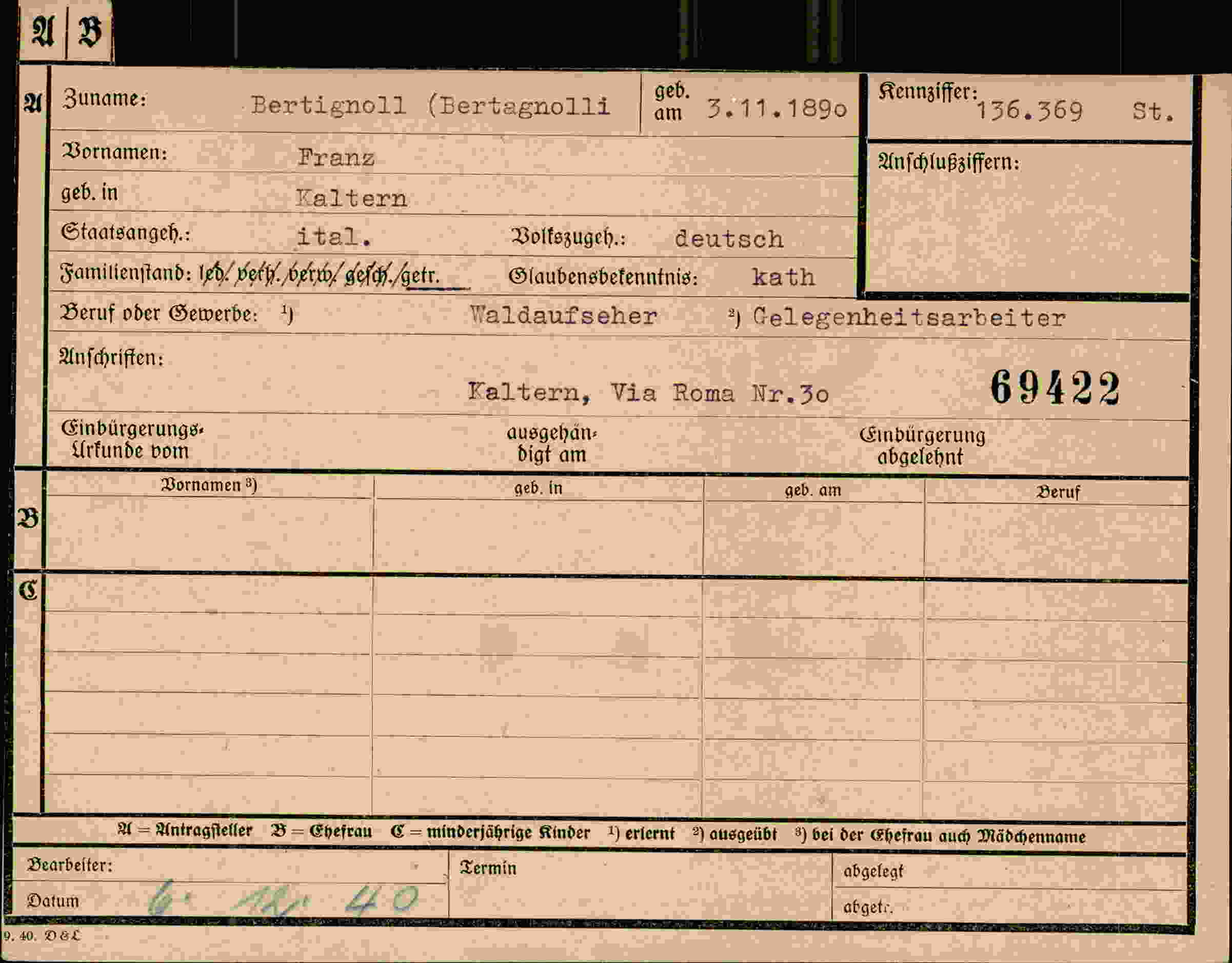 Dokument für Franz Bertignoll Bertagnolli