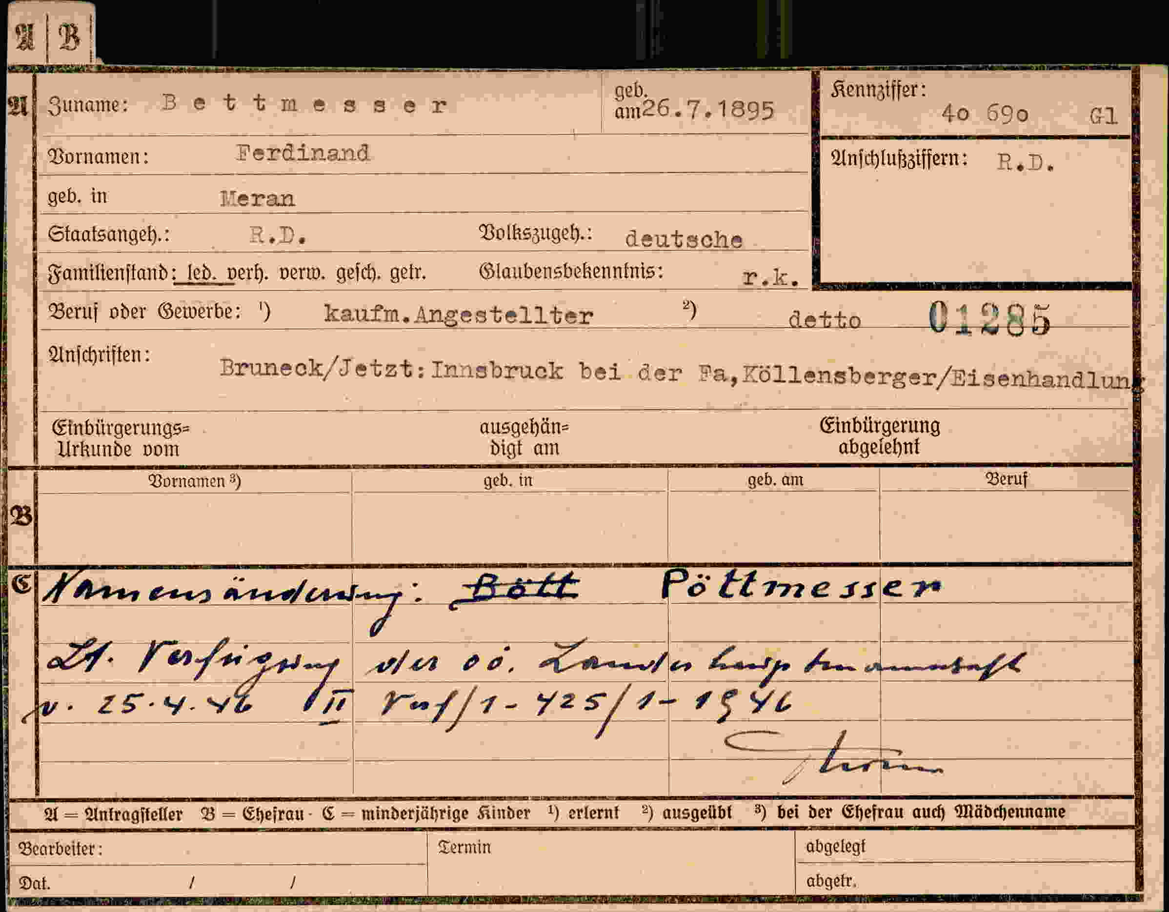 Dokument für Ferdinand Bettmesser