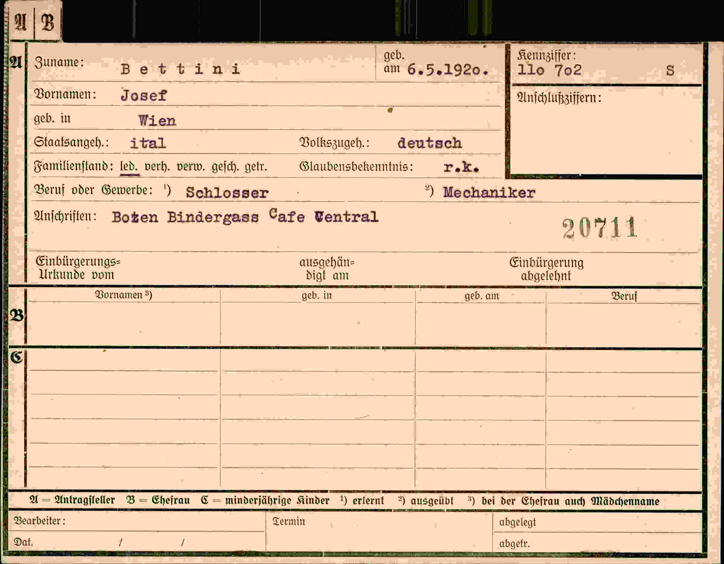 Dokument für Josef Bettini