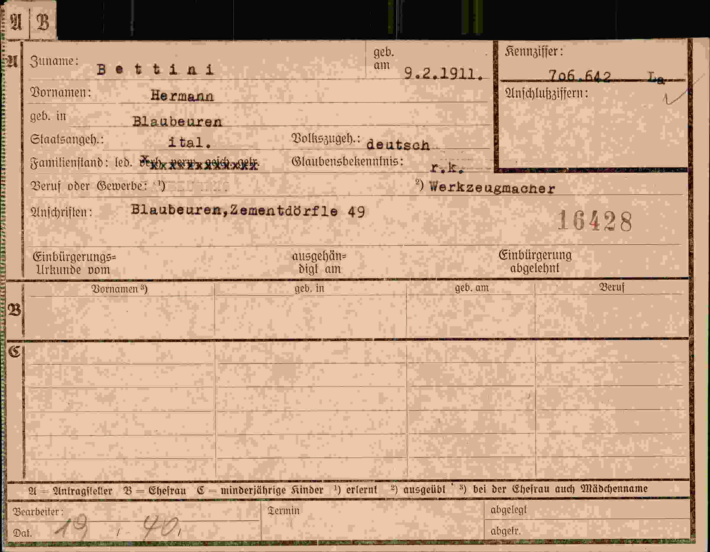Dokument für Hermann Bettini