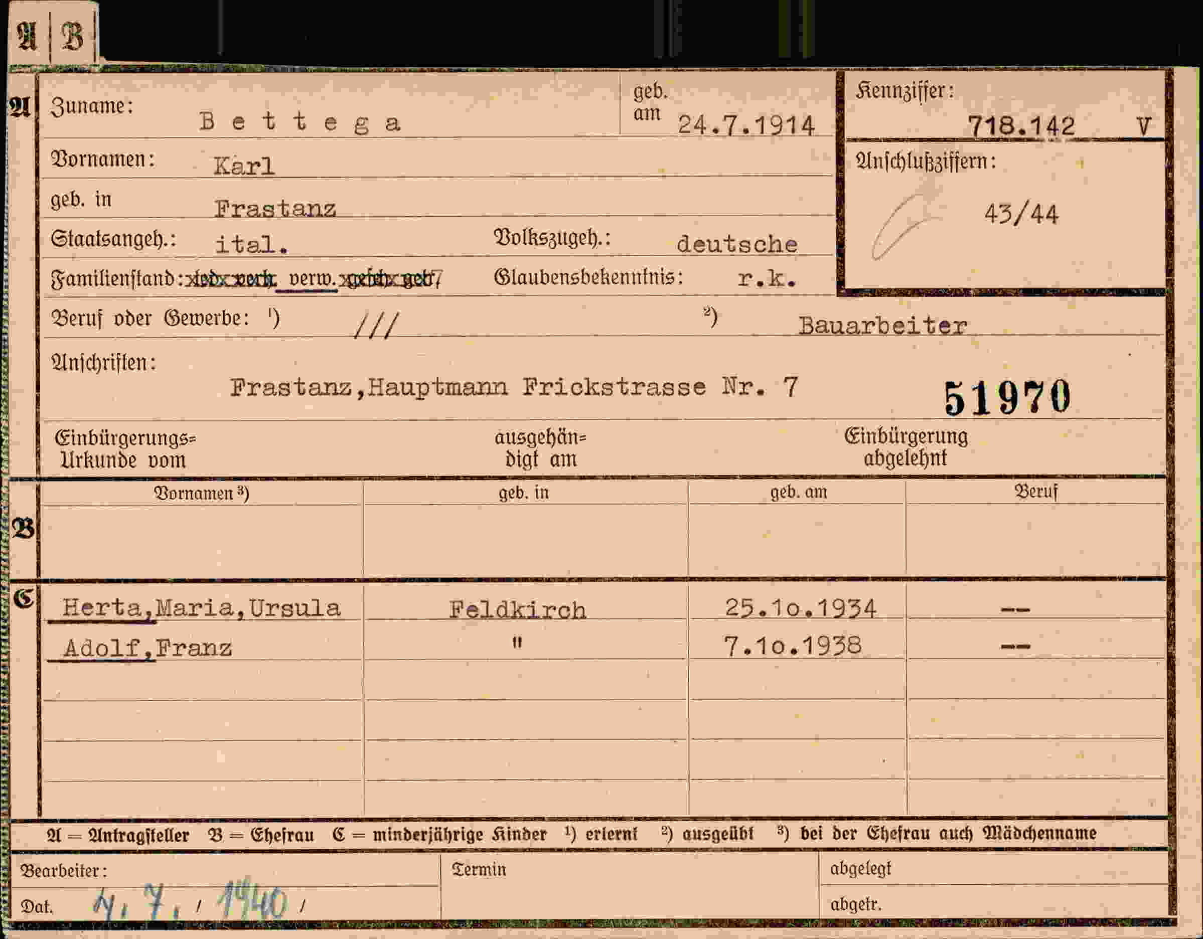 Dokument für Karl Bettega