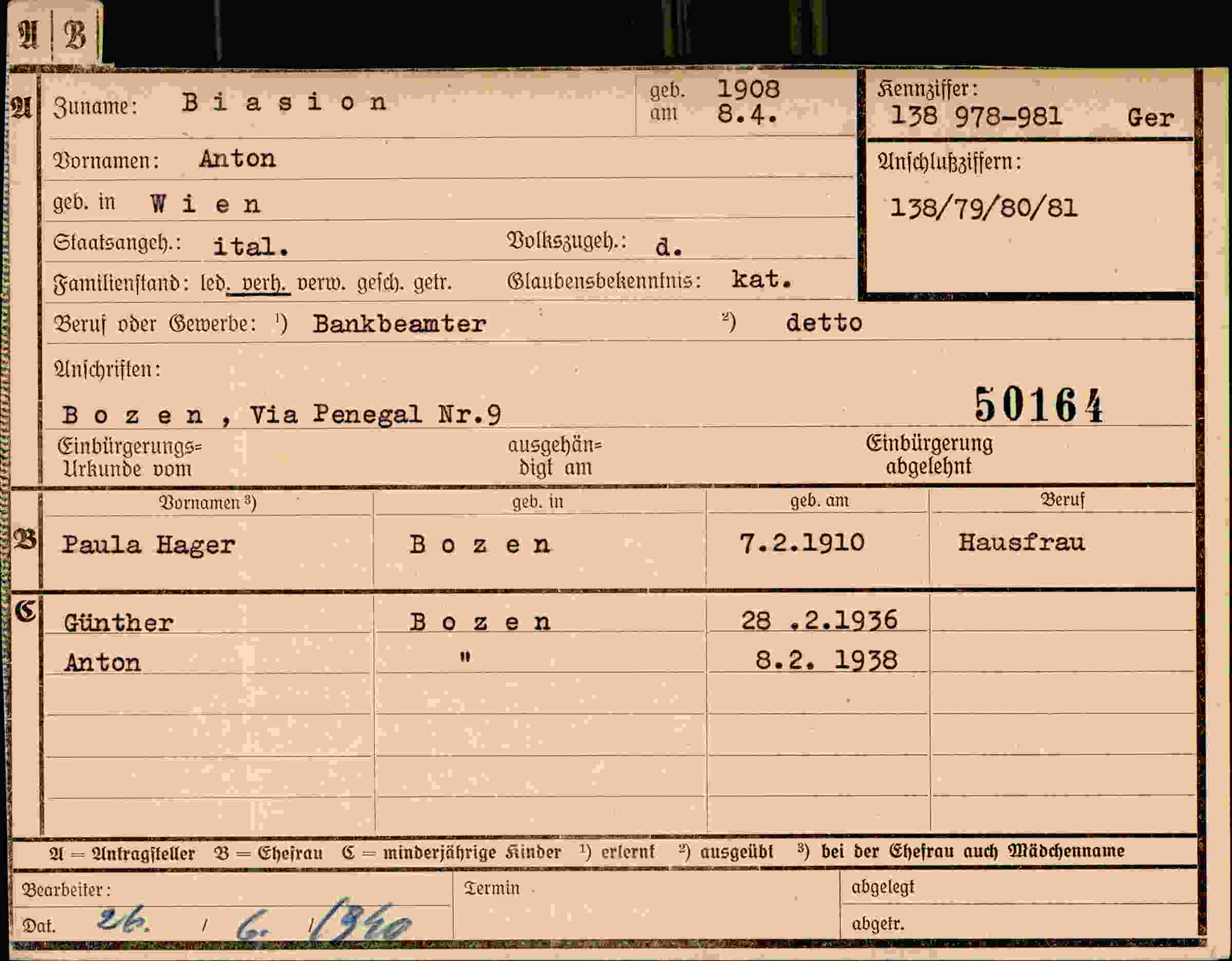 Dokument für Anton Biasion