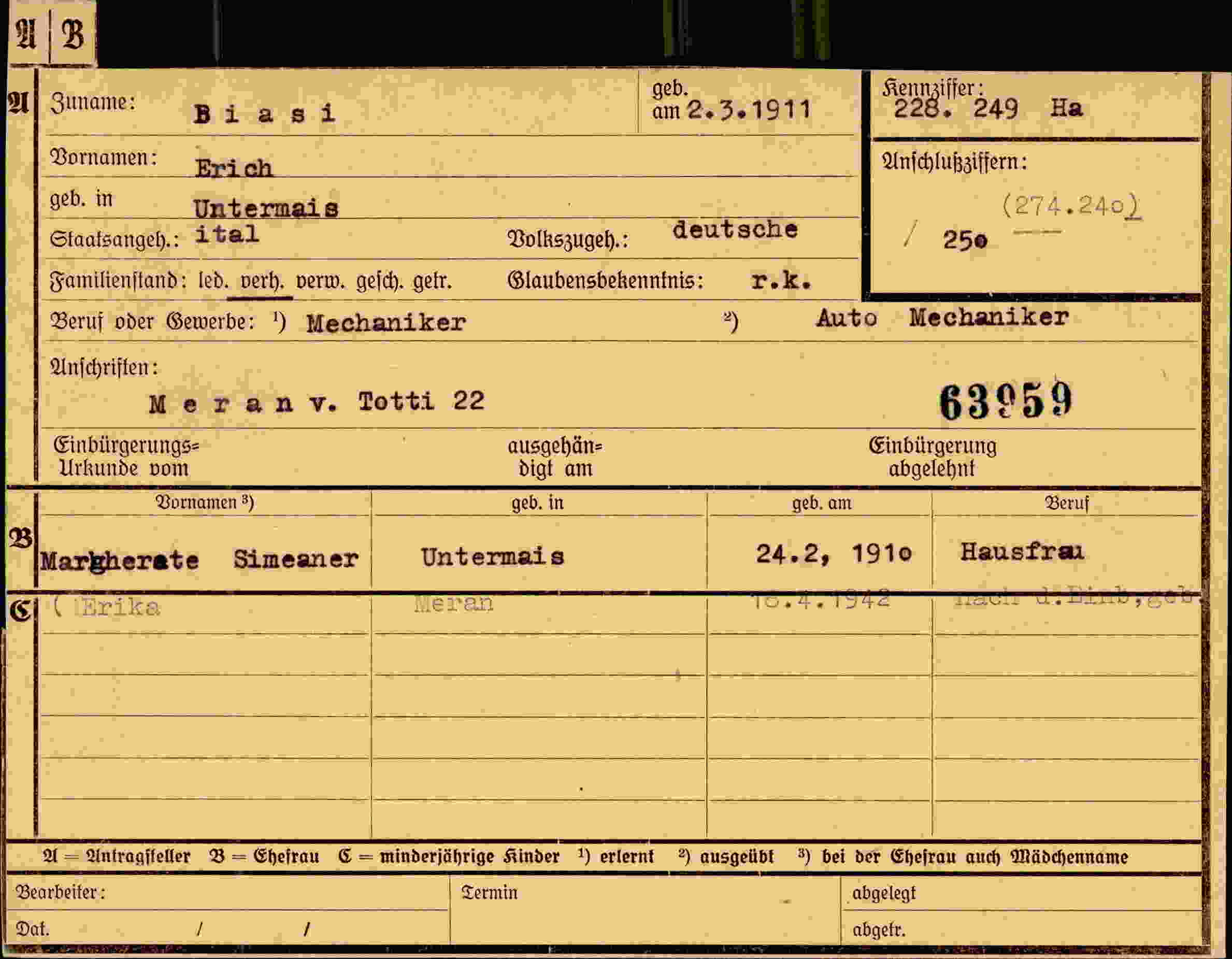 Dokument für Erich Biasi