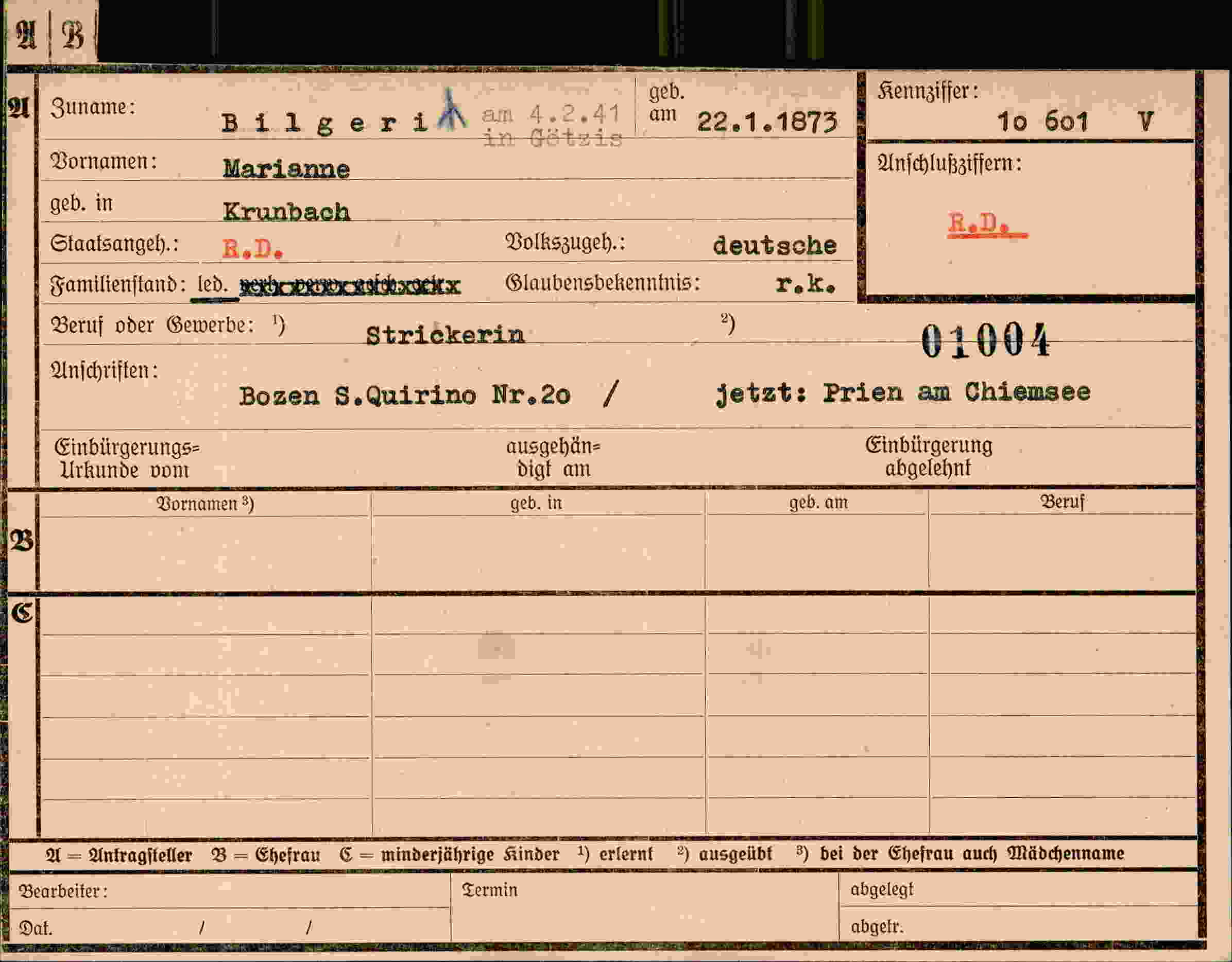 Dokument für Marianne Bilgeri