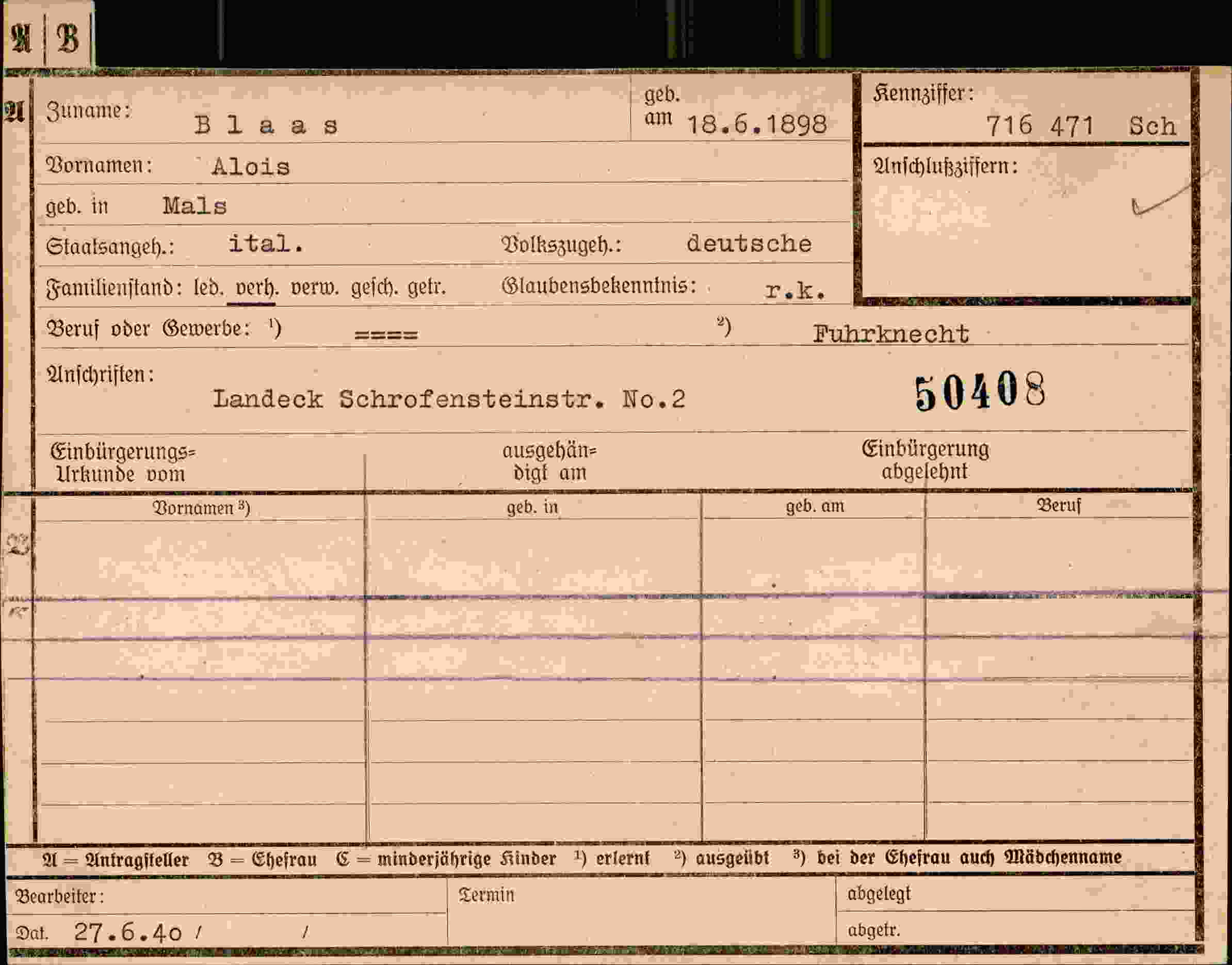 Dokument für Alois Blaas