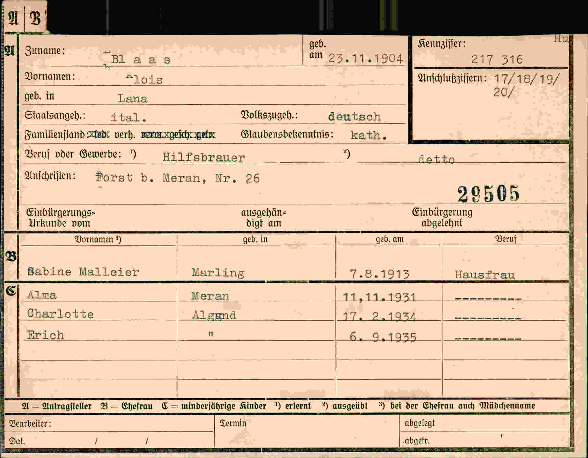 Dokument für Alois Blaas