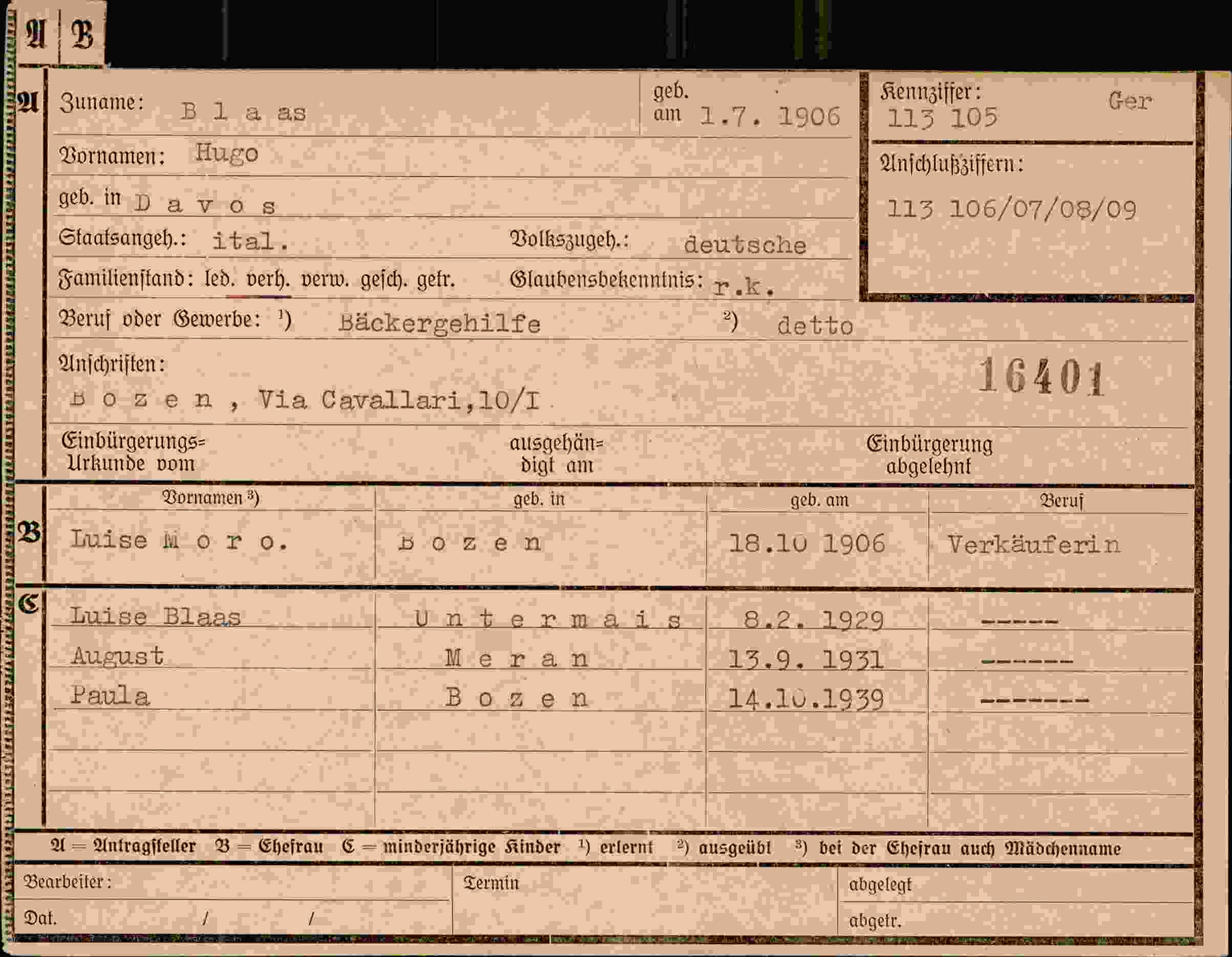 Dokument für Hugo Blaas