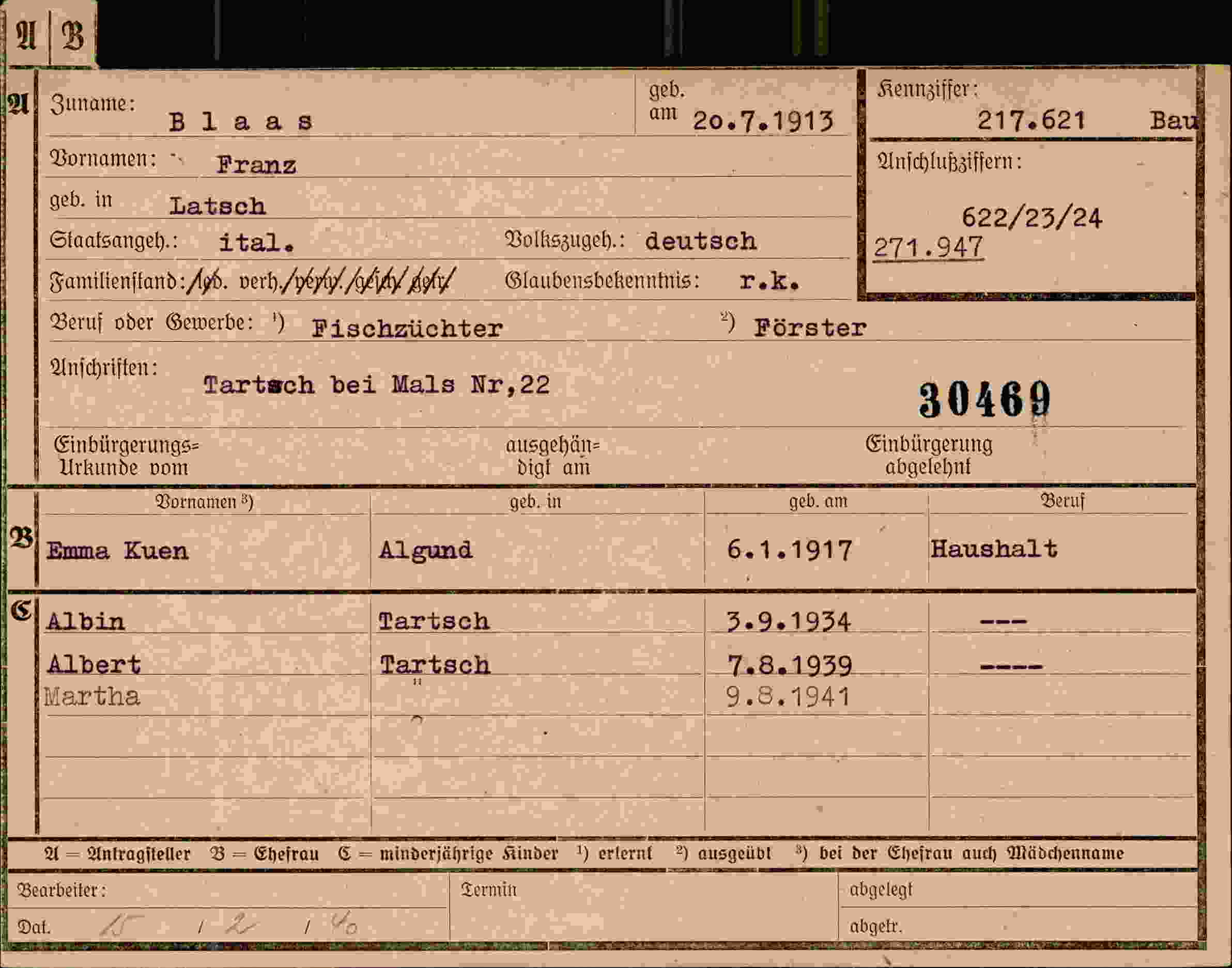 Dokument für Franz Blaas