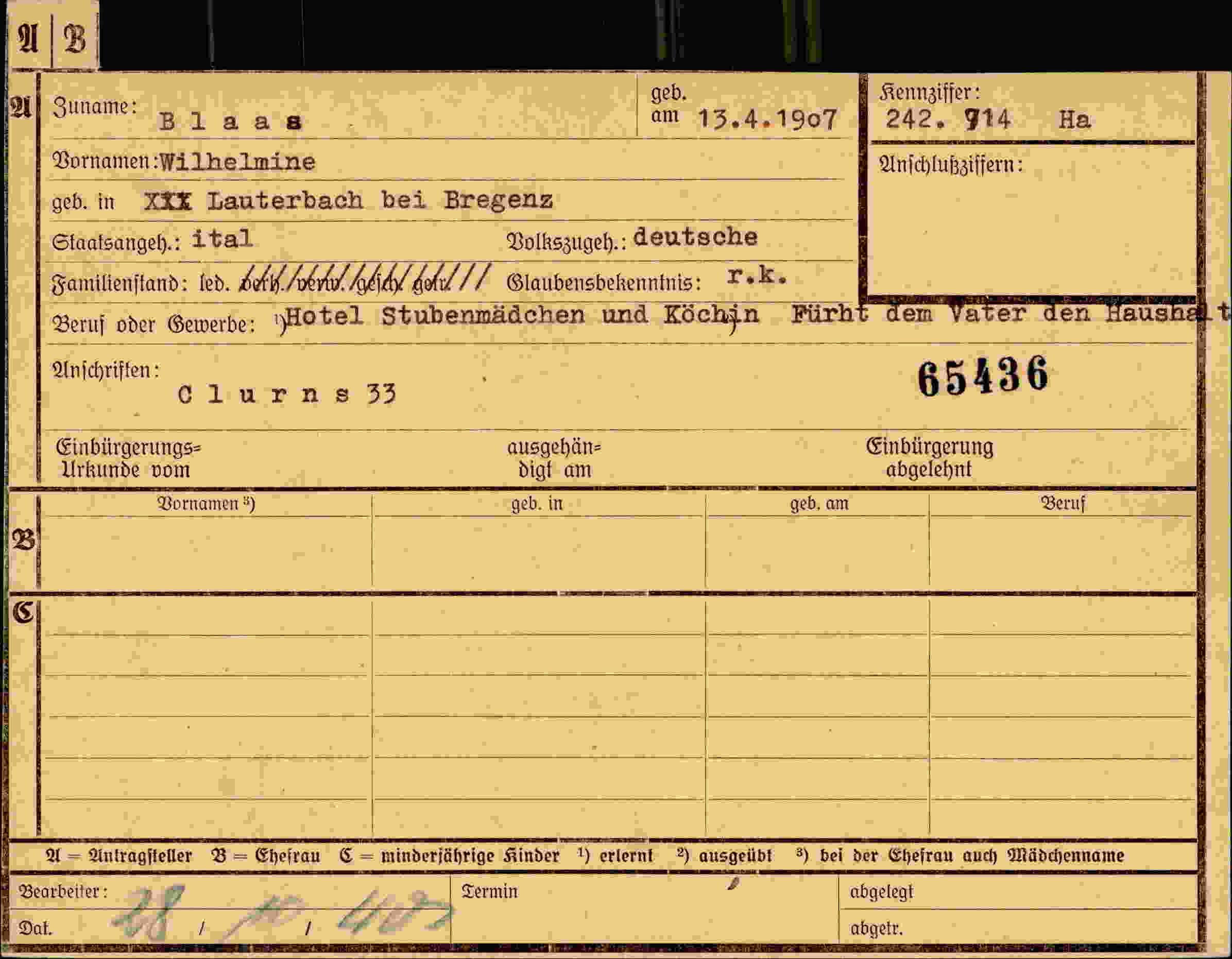 Dokument für Wilhelmine Blaas