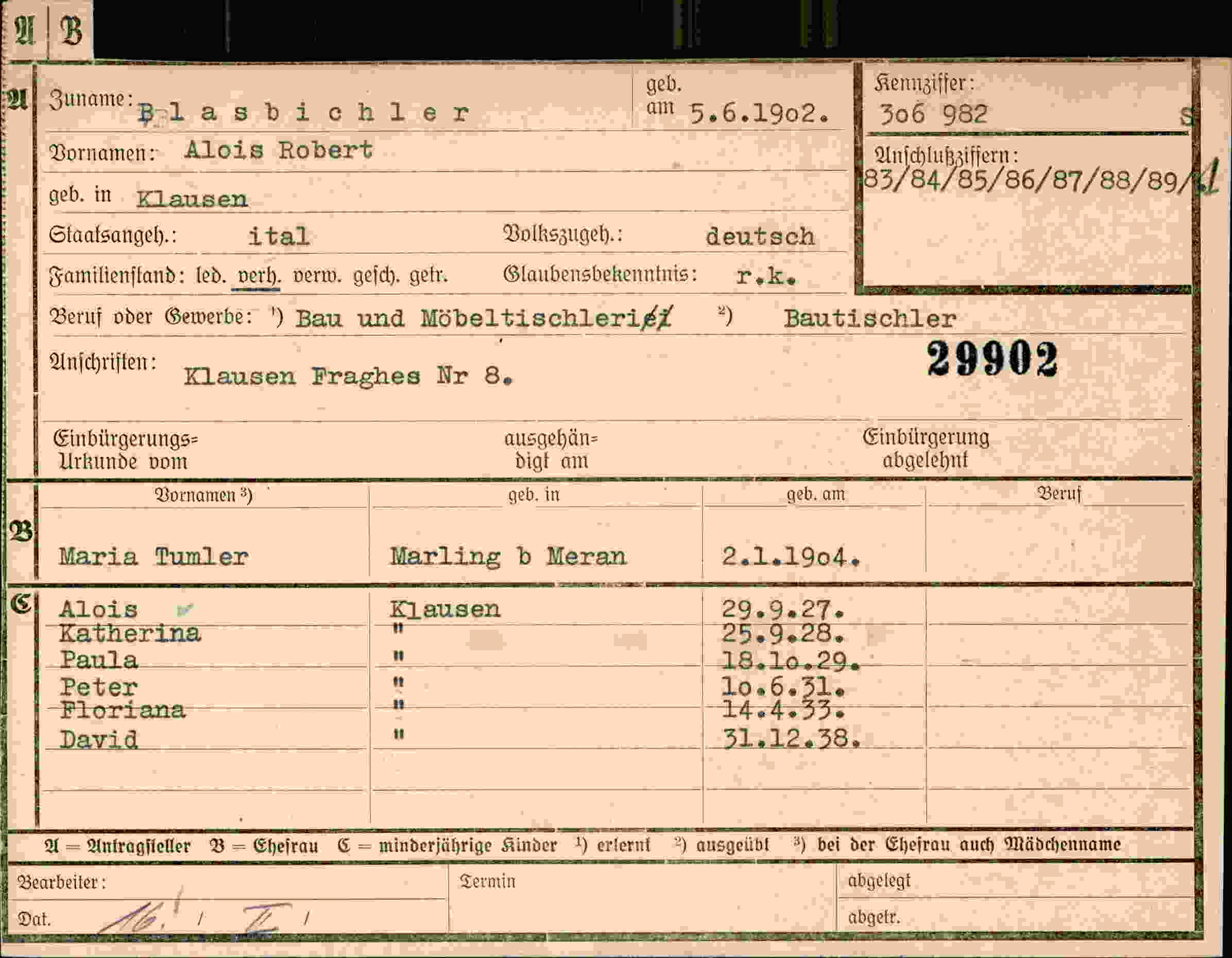 Dokument für Alois Robert Blasbichler