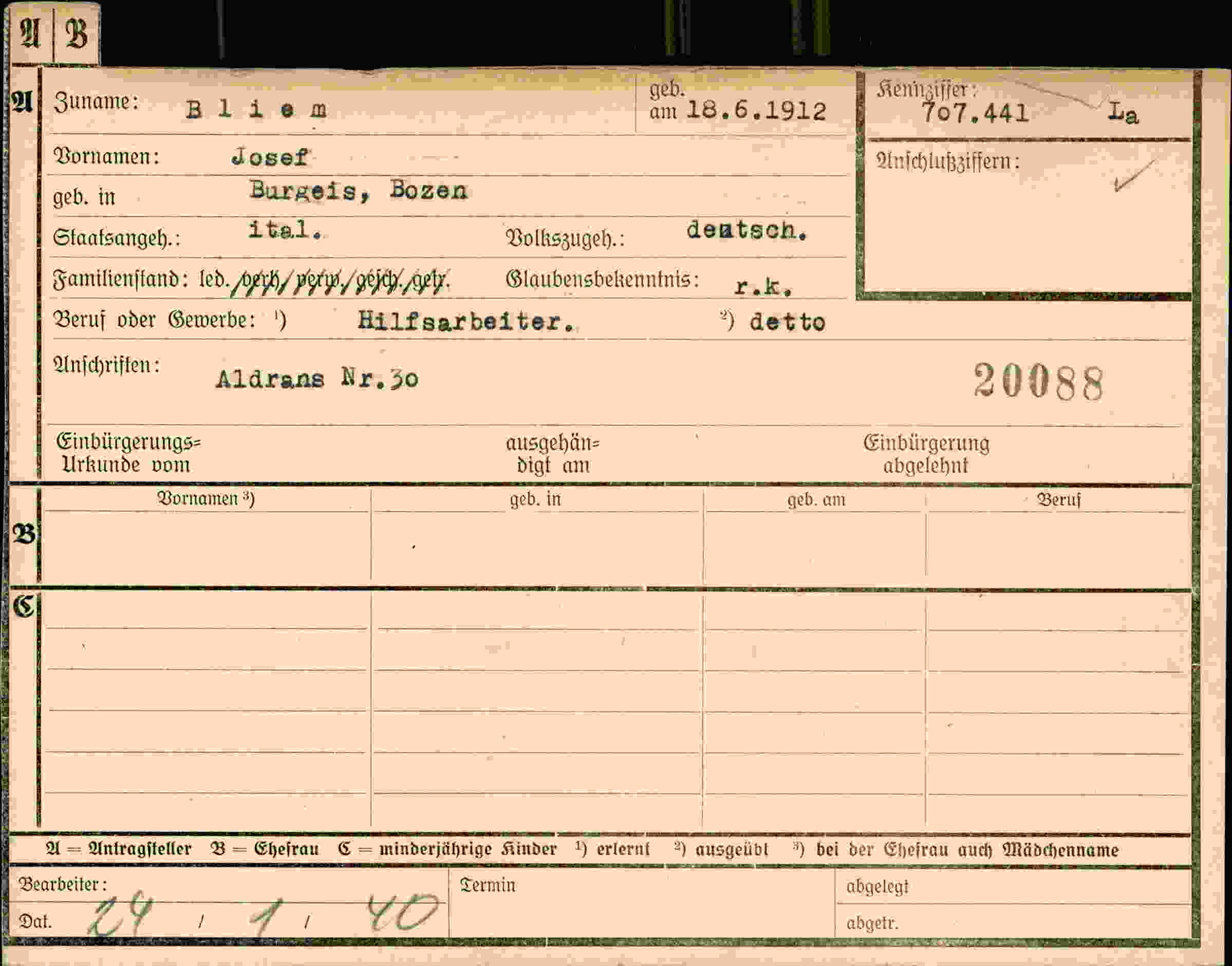 Dokument für Josef Bliem